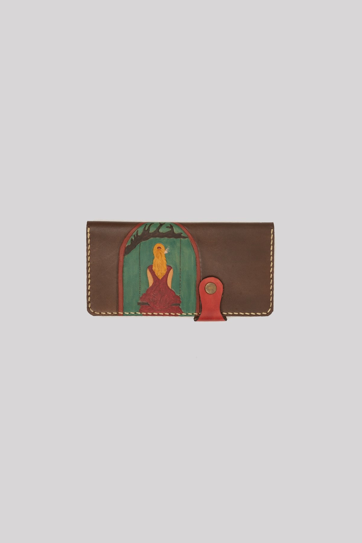 HANDMADE LONELY GIRL PATTERNED WOMAN LEATHER WALLET - BROWN