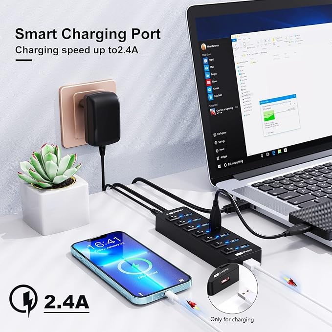  USB Hub Aktif 3.0 Güç Kaynağı, 7 Bağlantı Noktası + 1 Akıllı Şarj Portu - 5V/3A