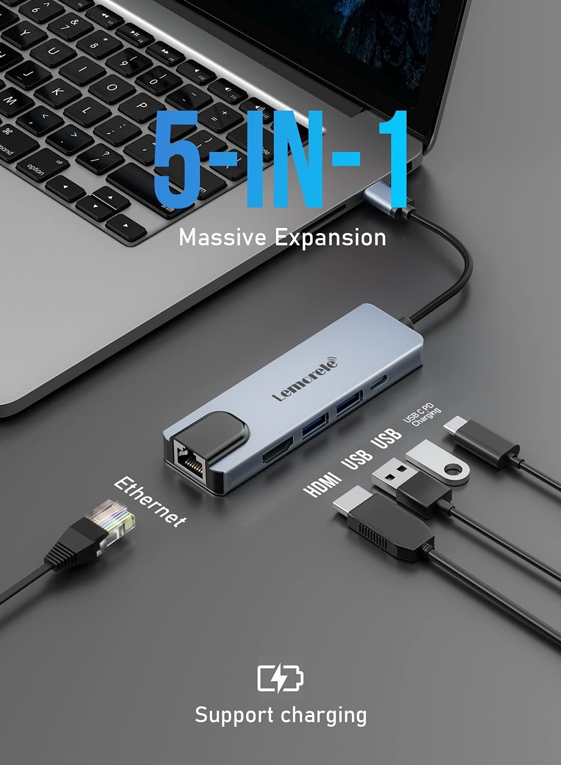  USB C Hub, 5'i 1 Arada HDMI 4K, Ethernet, 100W Hızlı Şarj