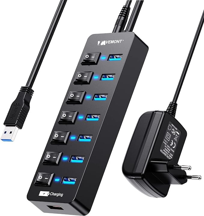  USB Hub Aktif 3.0 Güç Kaynağı, 7 Bağlantı Noktası + 1 Akıllı Şarj Portu - 5V/3A