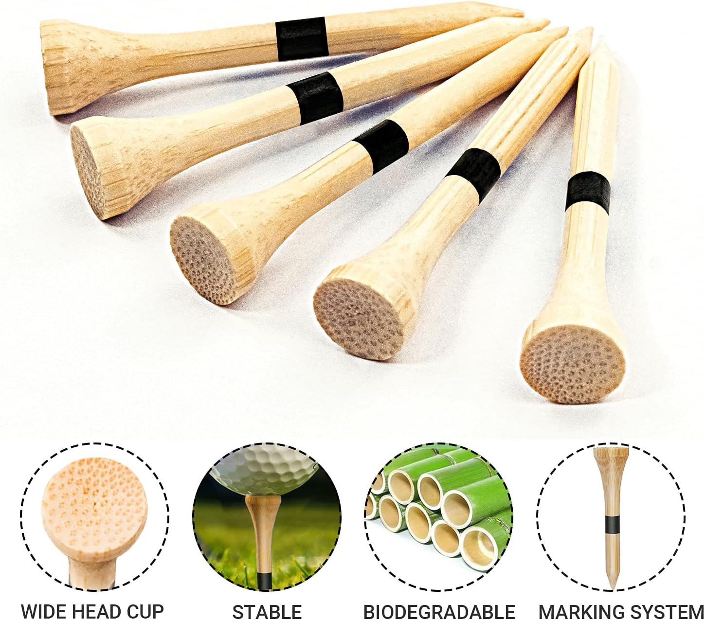 Bambu Golf Tees - 150 Adet, Dört Boyut Seçeneği (38mm, 54mm, 70mm, 83mm)