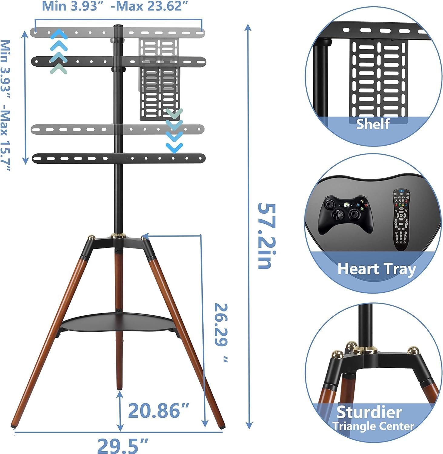 Tripod Şövale TV Sehpası, 32-65 İnç Dönebilen ve Yüksekliği Ayarlanabilir Ahşap Sehpa