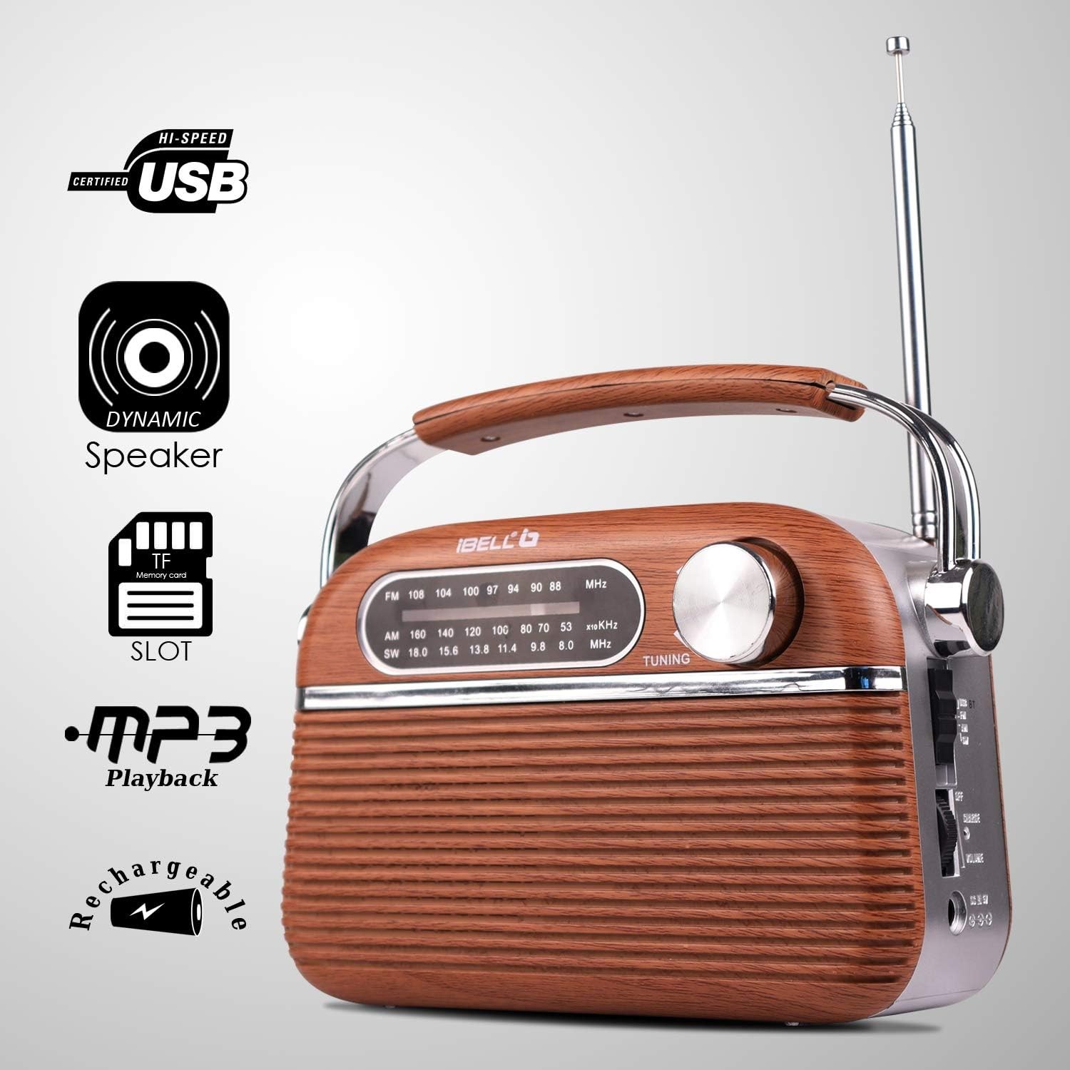  Taşınabilir FM Radyo Bluetooth Hoparlör, 3 Bant FM/AM/SW, USB & SD Kart