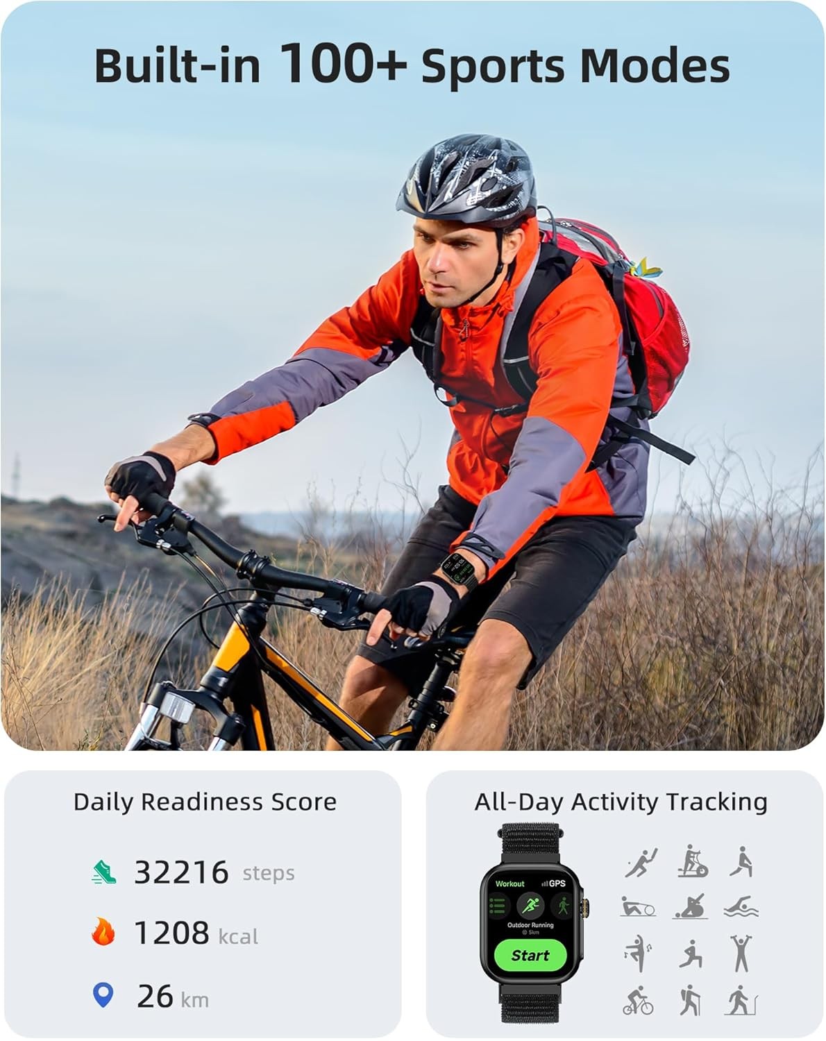 Dahili GPS ve Bluetooth Aramalı Akıllı Saat, 30M Su Geçirmez, 100+ Spor Modu