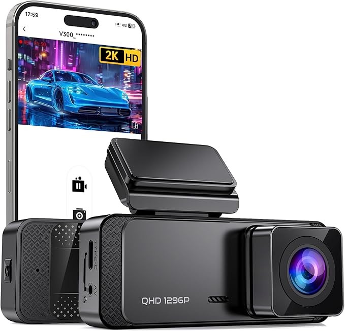 V300 1296P Dash Cam, WiFi, Gece Görüşü, Mini Gizli Kamera, Döngü Kaydı, 24 Saat Park Modu