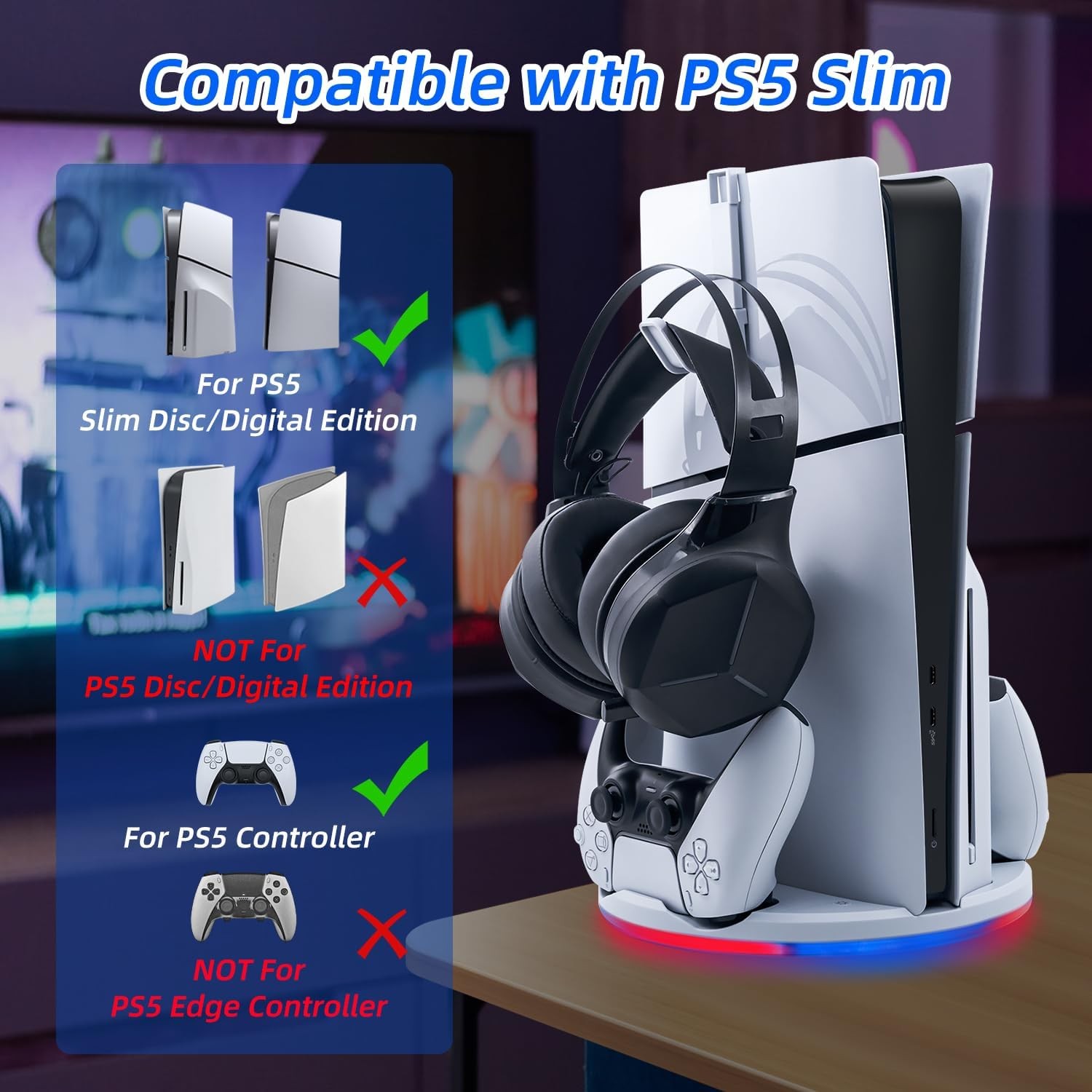 PS5 Slim Dikey Stand, Kontrol Cihazı Şarj İstasyonu, LED ve Kulaklık Tutucu 