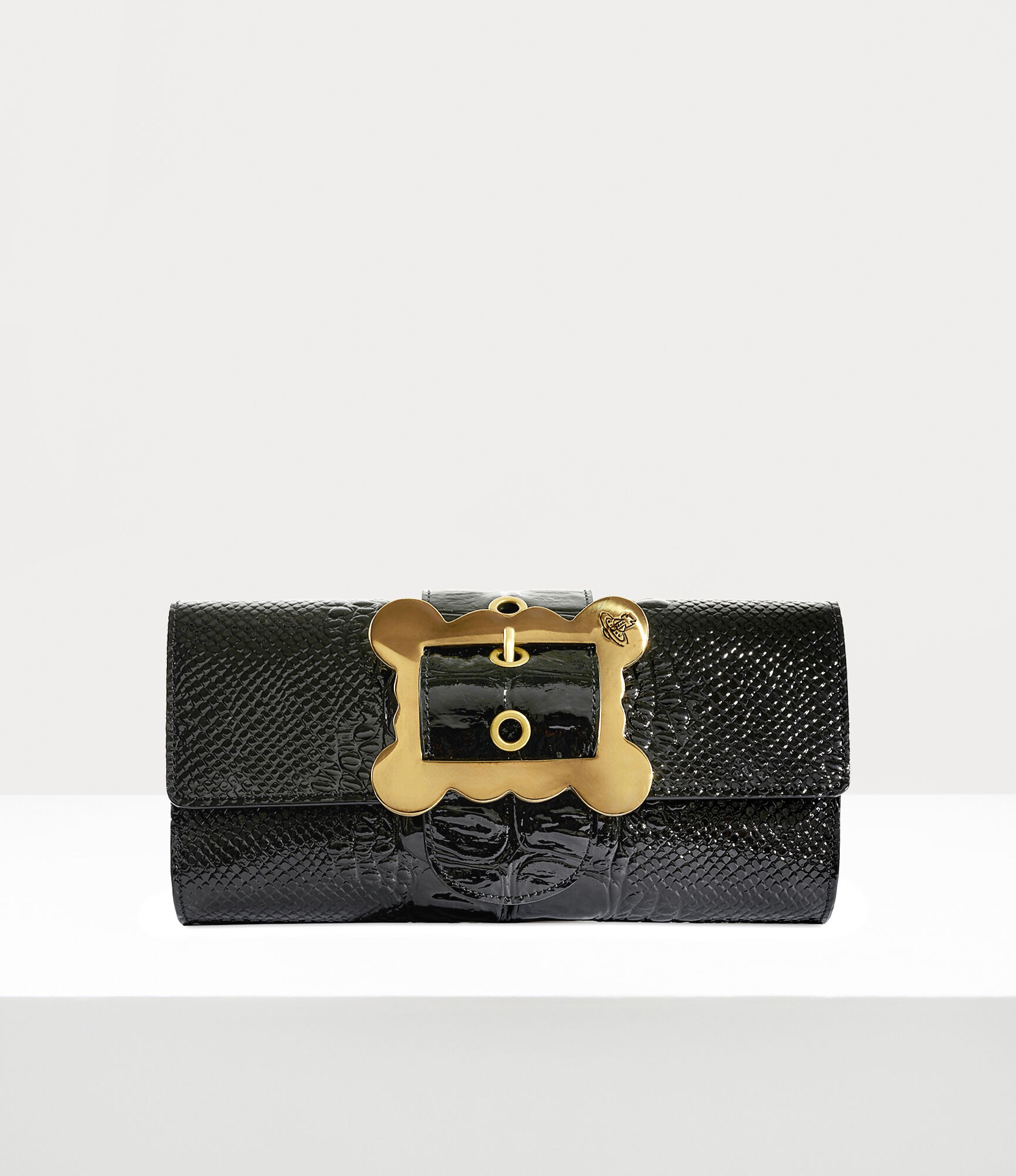 Clutch Bag Kroko Dokulu, Altın Tonlu Donanım ve Patent Kaplama Deri Çanta