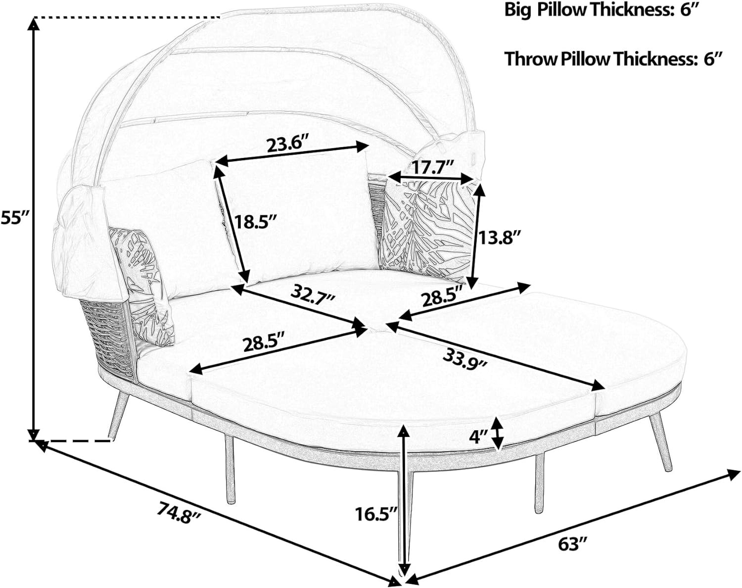 Kademeli Gölgelikli Premium Patio Kanepe Rattan ve Metal, Yastık ve Minderli