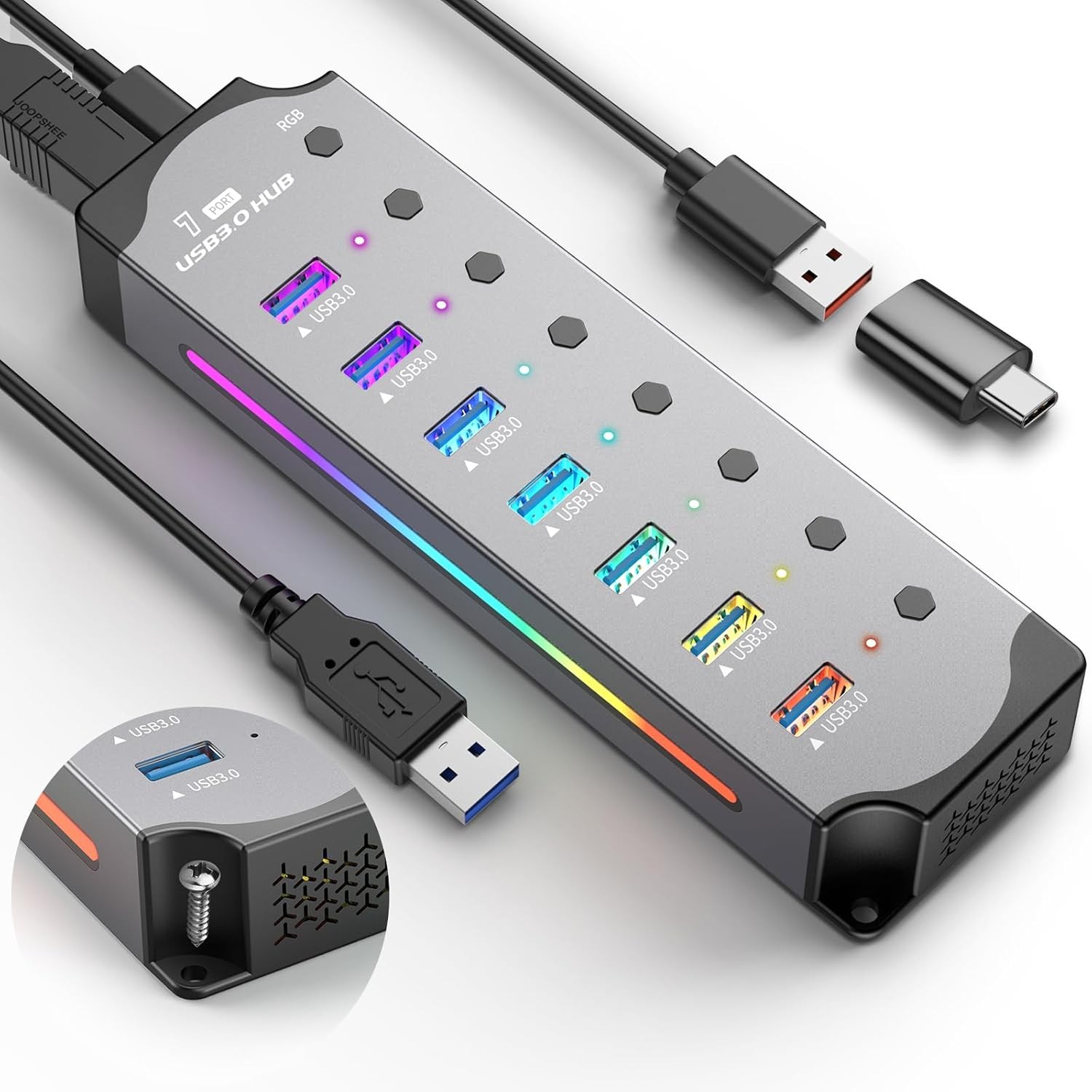 USB 3.0 Hub - 7 Portlu, Alüminyum Gövde, LED Açma/Kapama Anahtarları