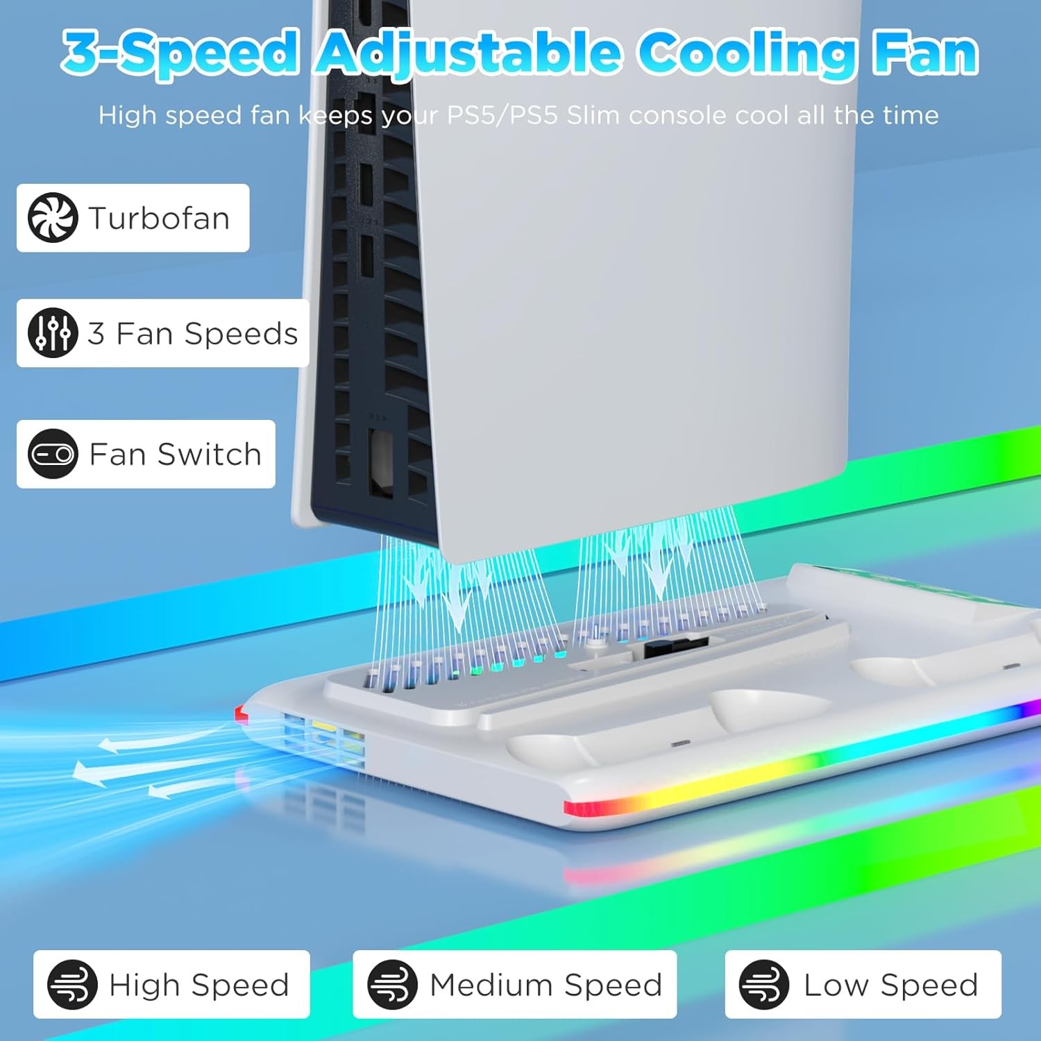 PS5 Dikey Fanlı Soğutma İstasyonu, Çift Kontrol Cihazı Şarjı ve RGB Aydınlatmalı 