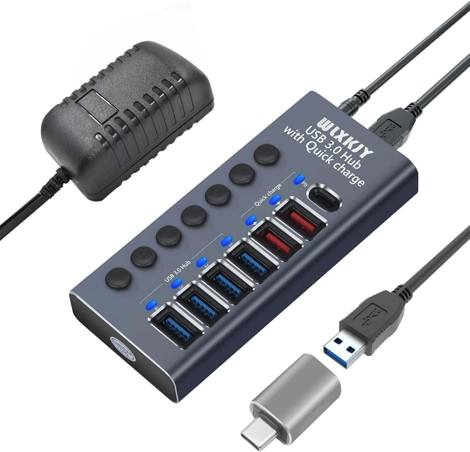 7'si 1 Arada Premium USB Hub, 36W Güç Kaynağı, 4 USB 3.0 ve PD Hızlı Şarj