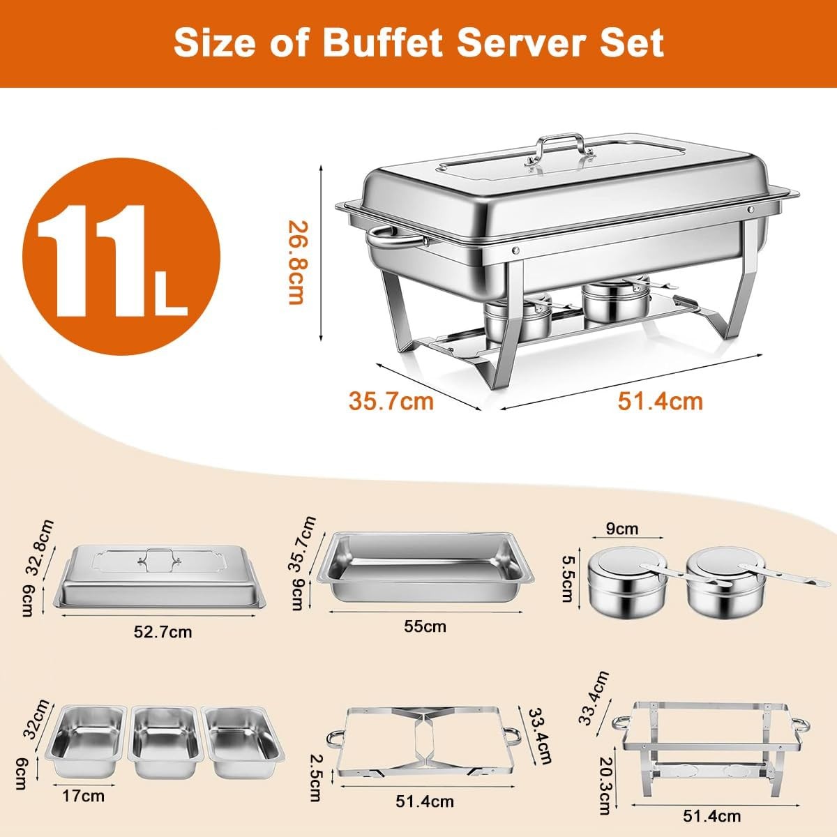 Büfe Seti 11L - Paslanmaz Çelik Yemek Isıtıcısı, 3 Kapaklı 1/3 Boyutlu Tepsiler 