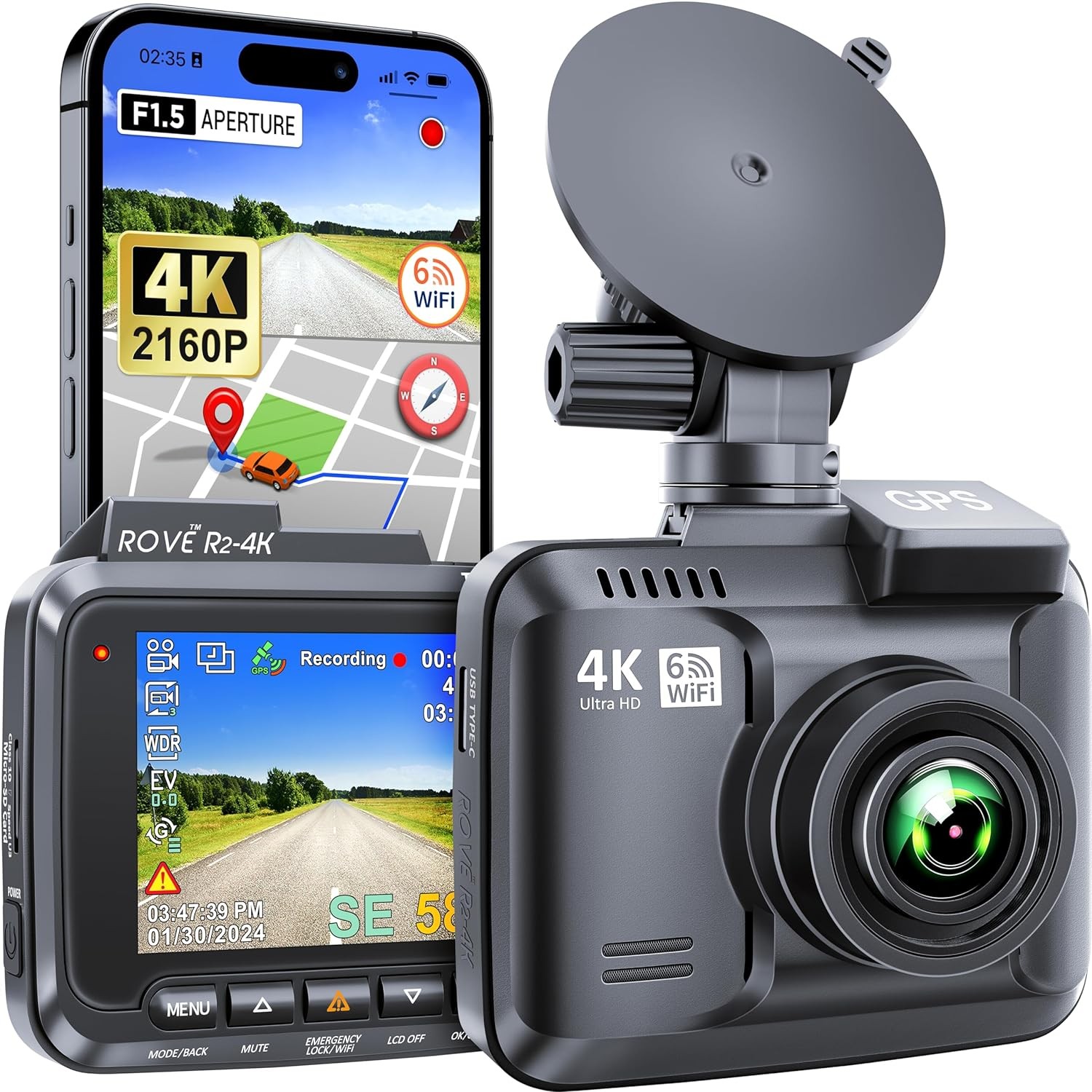  R2-4K Dash Cam,Dahili WiFi ve GPS, 2.4" IPS Ekran, 150° Geniş Açı, WDR ve Gece Görüşü Teknolojisi