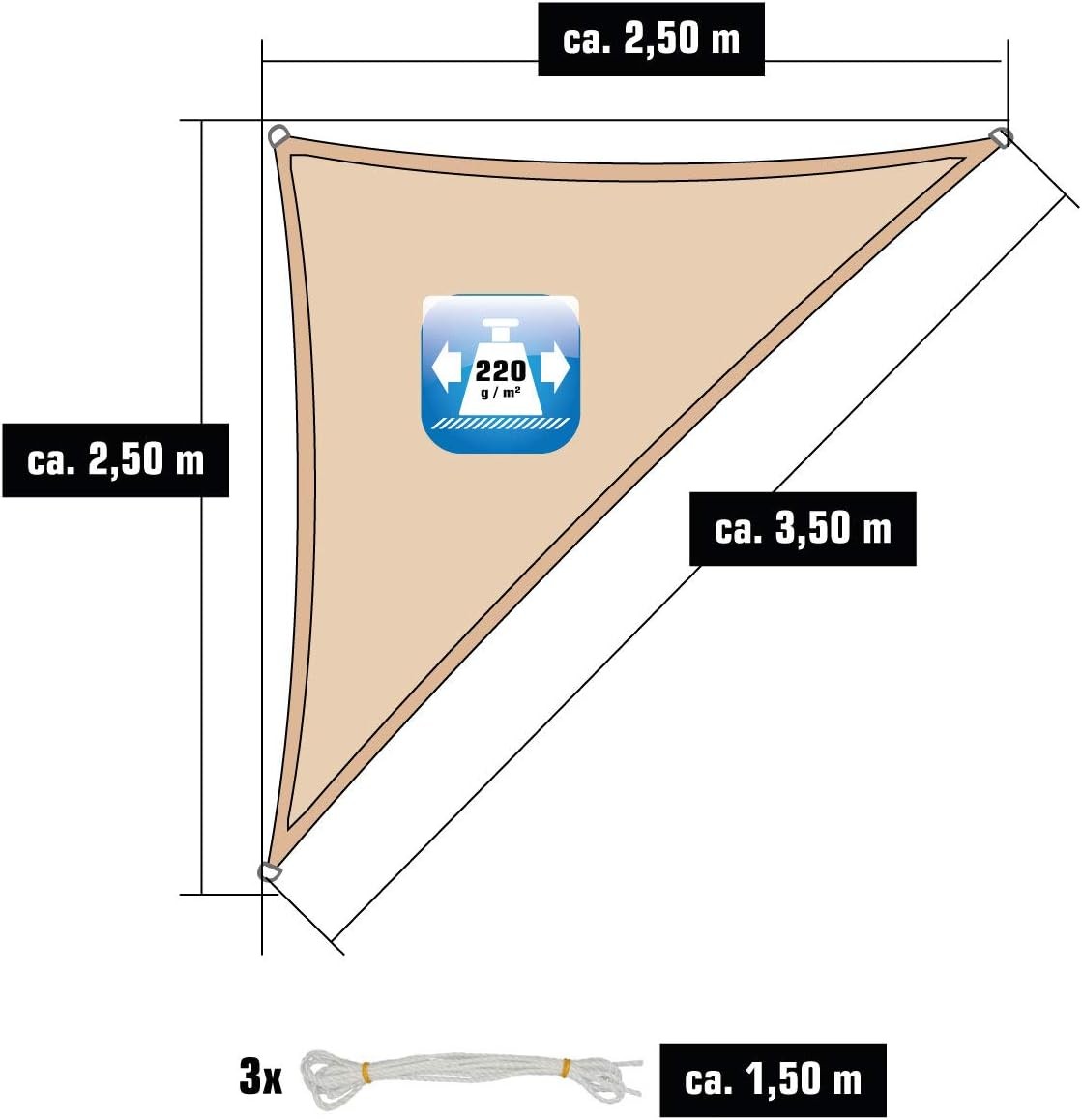 UV Korumalı Üçgen Güneş Tentesi 2,5x2,5x3,5 m, Bahçe ve Balkon İçin Gölgelik