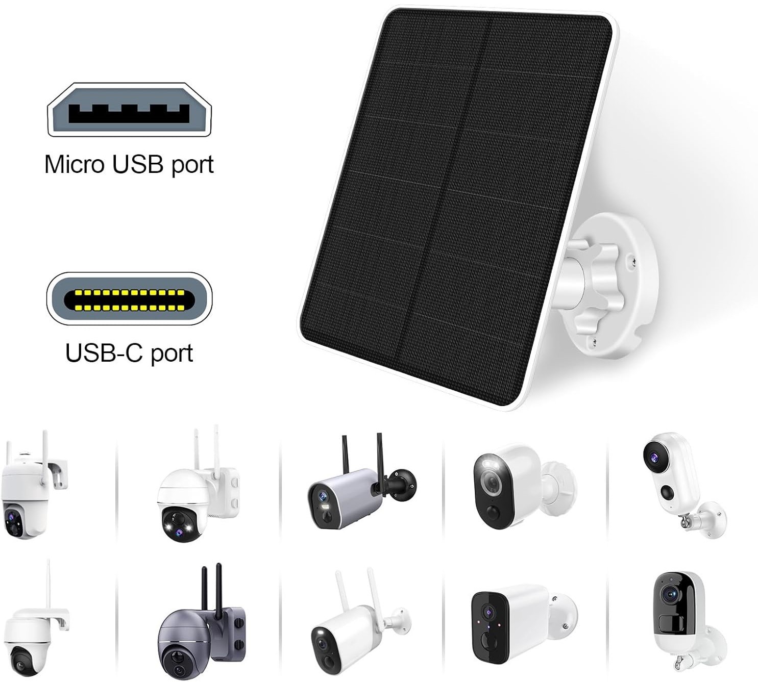 5W Güneş Paneli Gözetleme Kamerası için IP65 Su Geçirmez, USB/USB-C, 360° Ayarlanabilir Şarj 