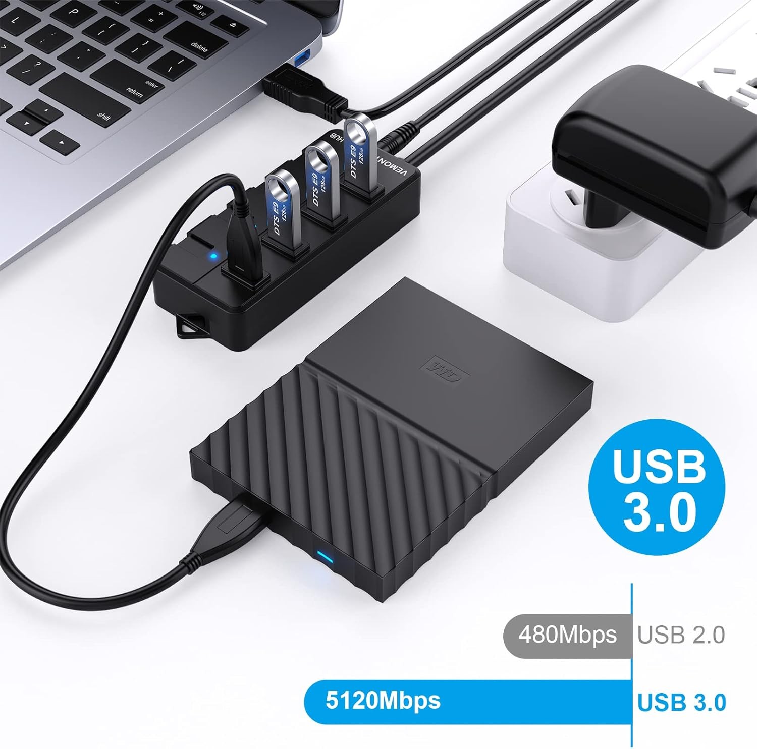 4 Portlu USB 3.0 Hub, 5V/3A Güç Kaynağı, 5 Gbps Aktarım Hızı, 1,2 m Kablo