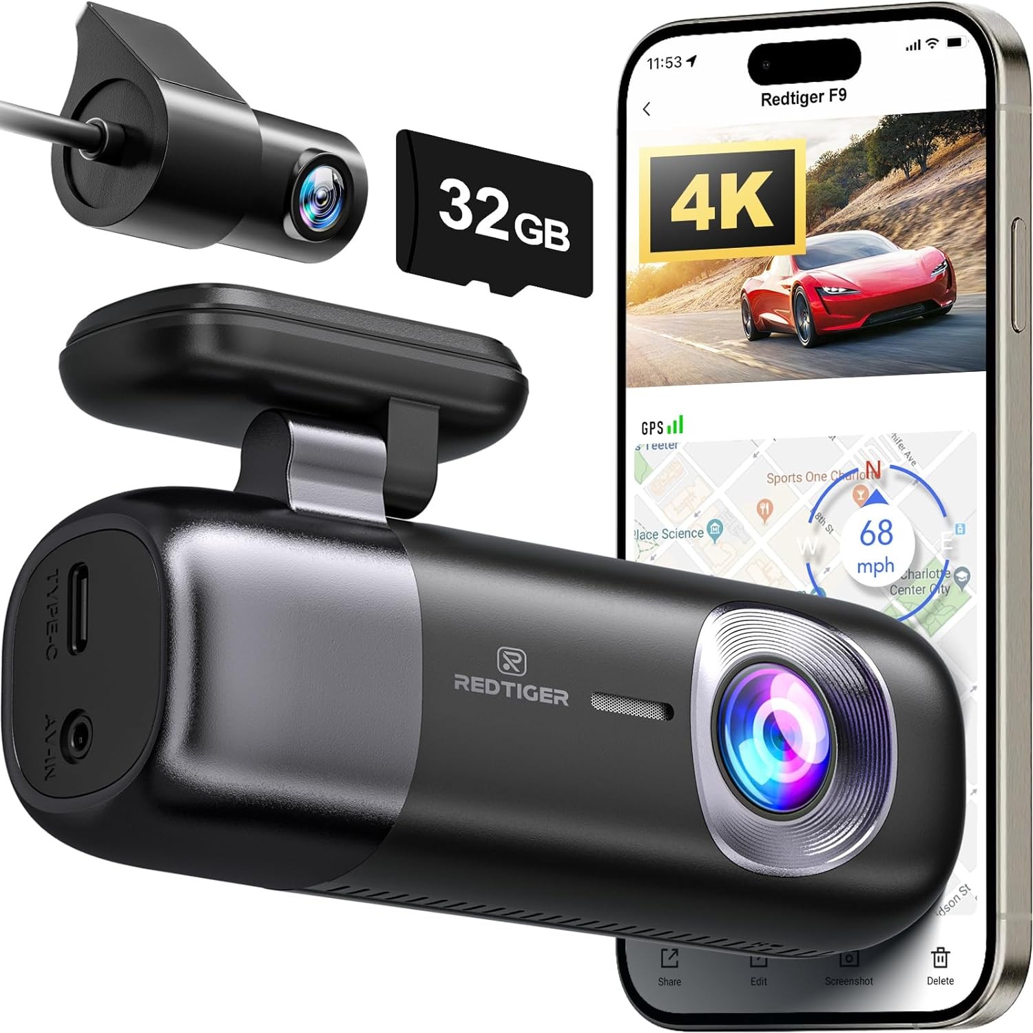 Dash Cam 4K Ön ve Arka 1080P, WiFi GPS, 32 GB Kart Dahil