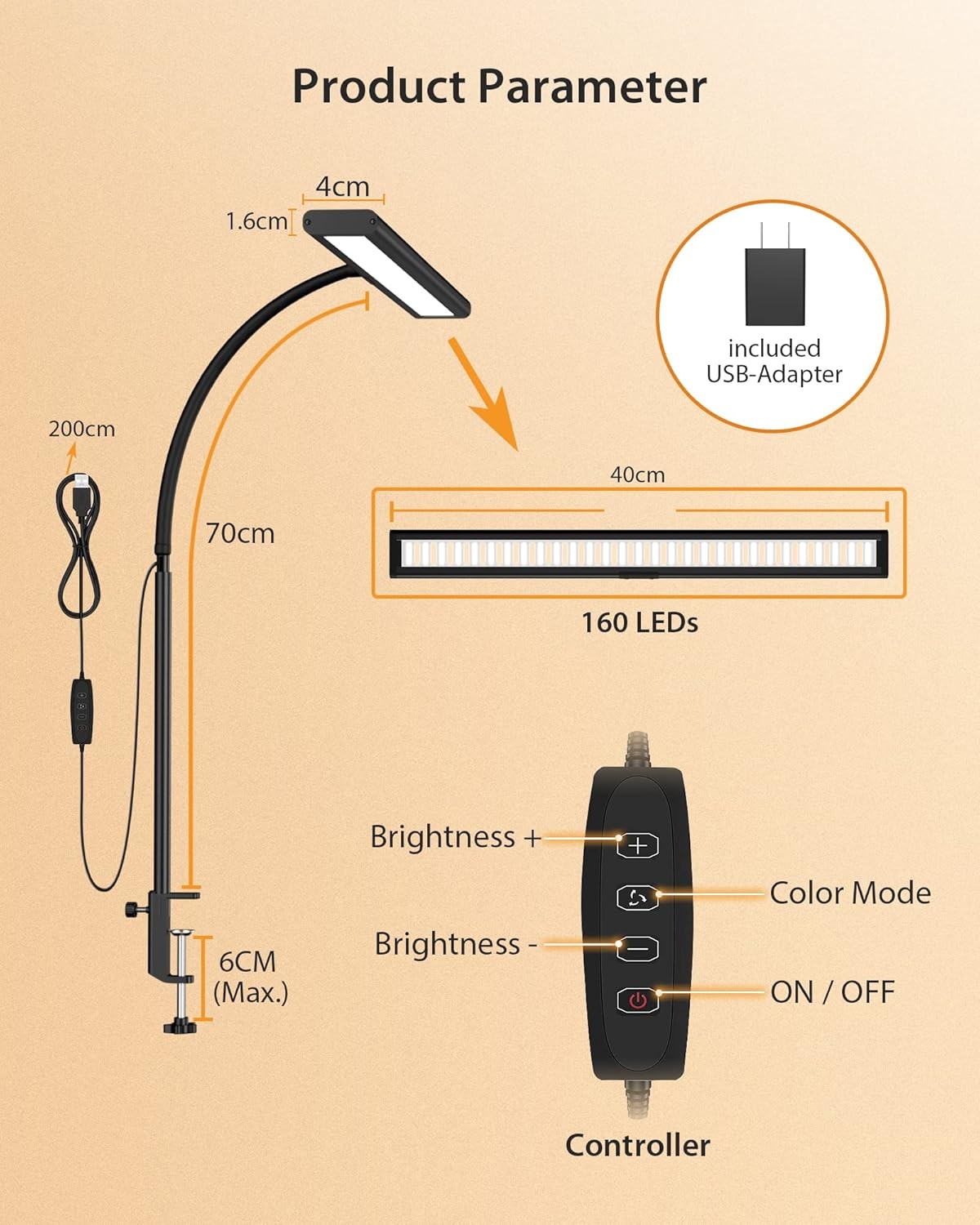 160 LED Masa Lambası, Kelepçeli, 30 Mod, USB Şarjlı, 360° Esnek Okuma Lambası