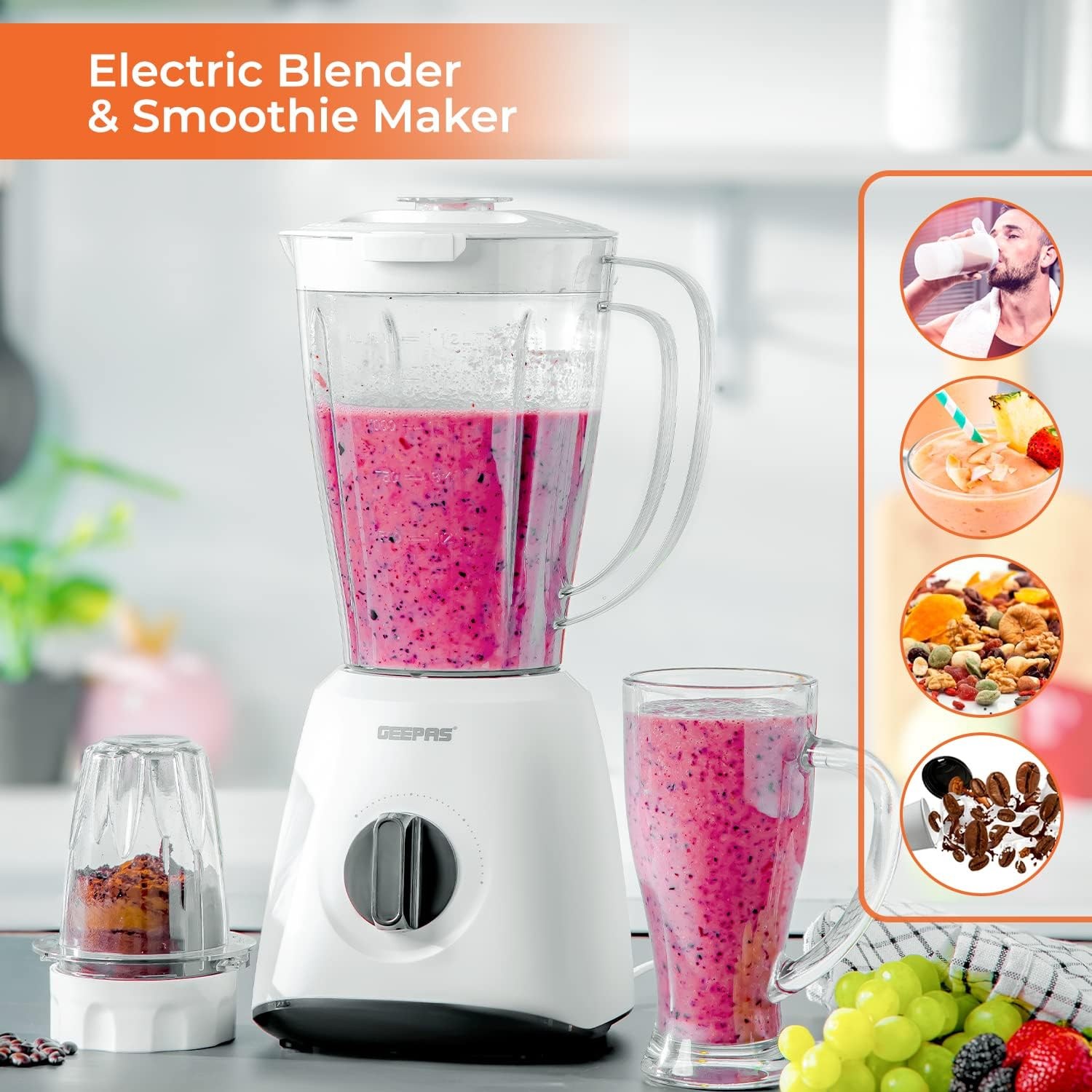 600W Çok İşlevli 2'si 1 Arada Blender Güçlü Bakır Motor, 2 Hız ve Darbe Fonksiyonu