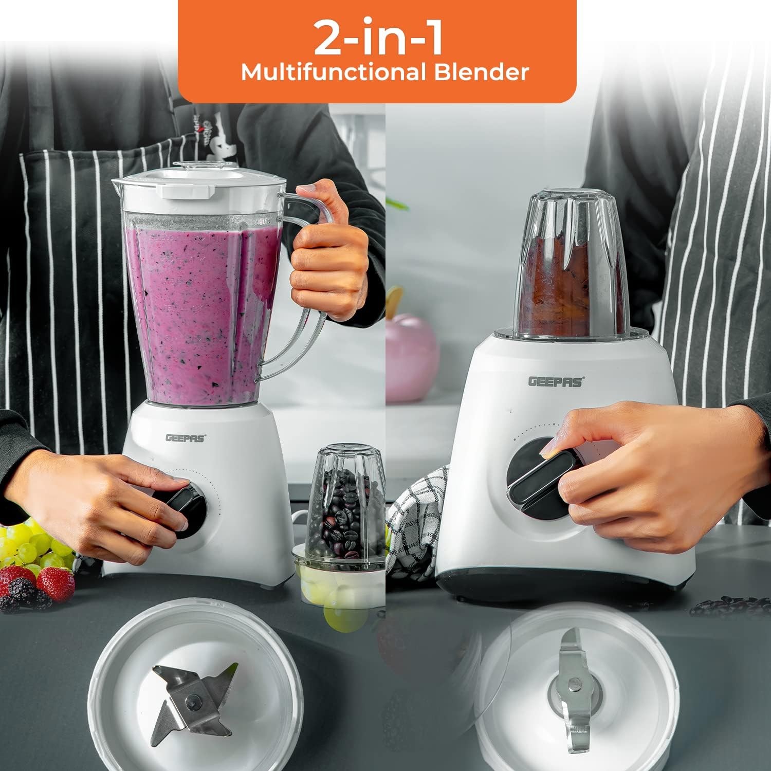 600W Çok İşlevli 2'si 1 Arada Blender Güçlü Bakır Motor, 2 Hız ve Darbe Fonksiyonu