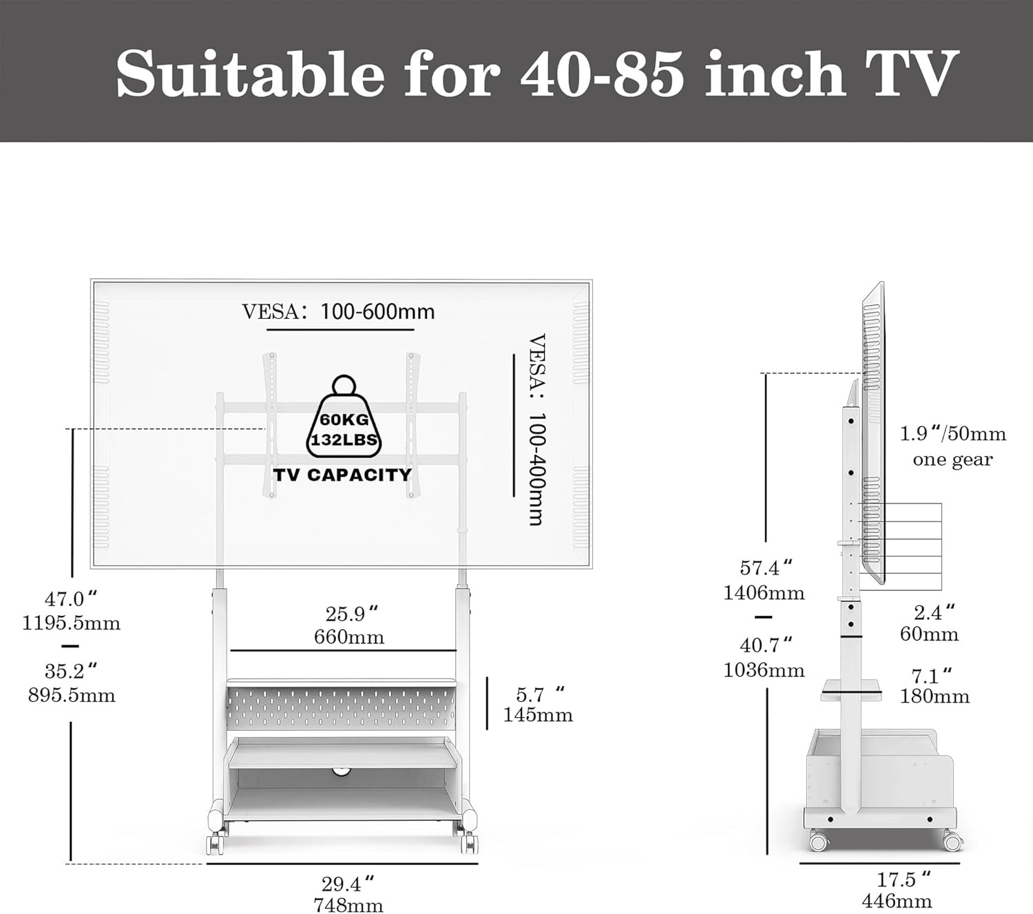 Tekerlekli TV Sehpası - 40-85 İnç TV'ler İçin Depolama Dolaplı, Yükseklik Ayarlı