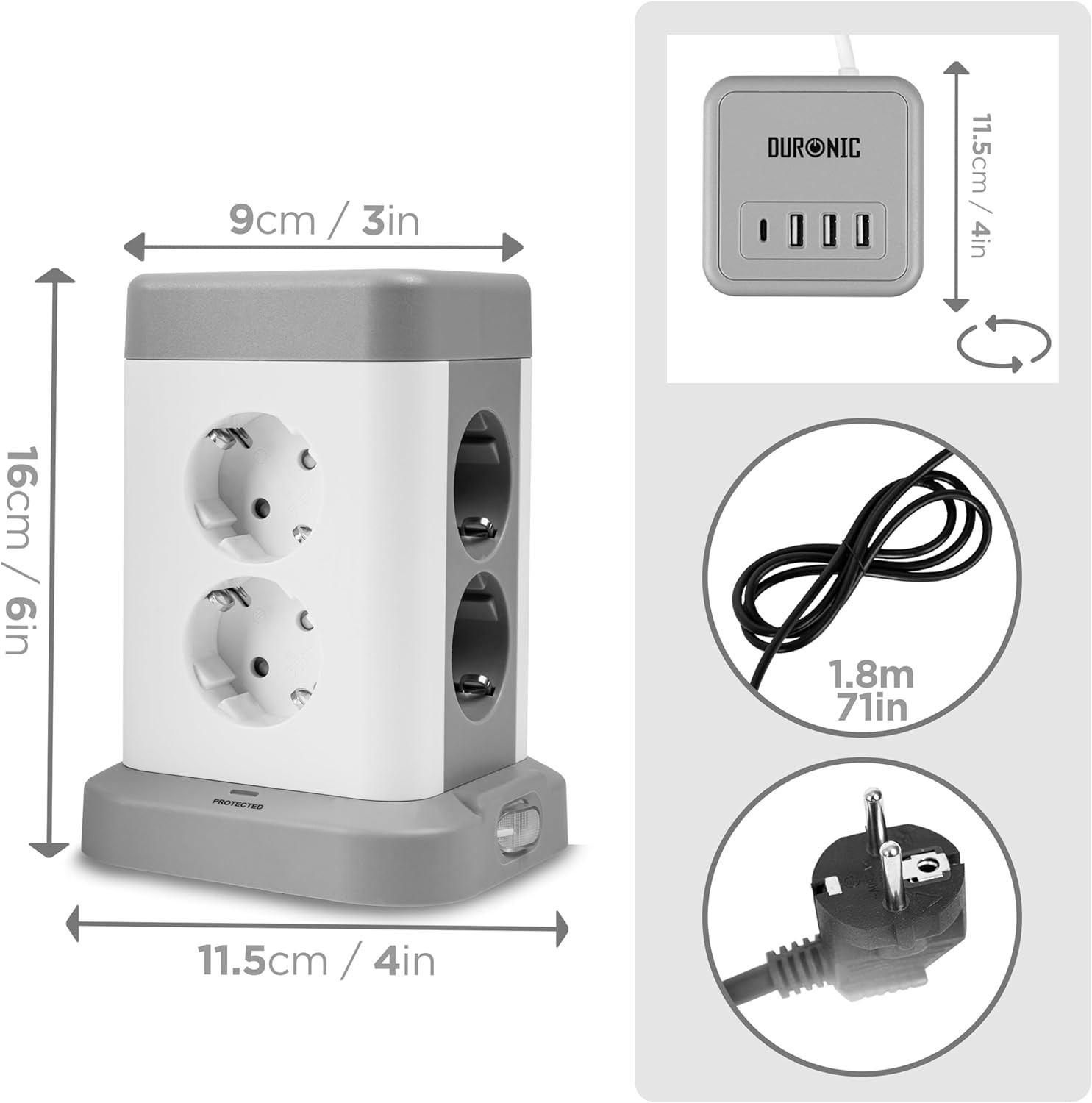 Çoklu Priz, 3 USB-A ve 1 USB-C Bağlantı Noktalı, 8'li Priz Kulesi