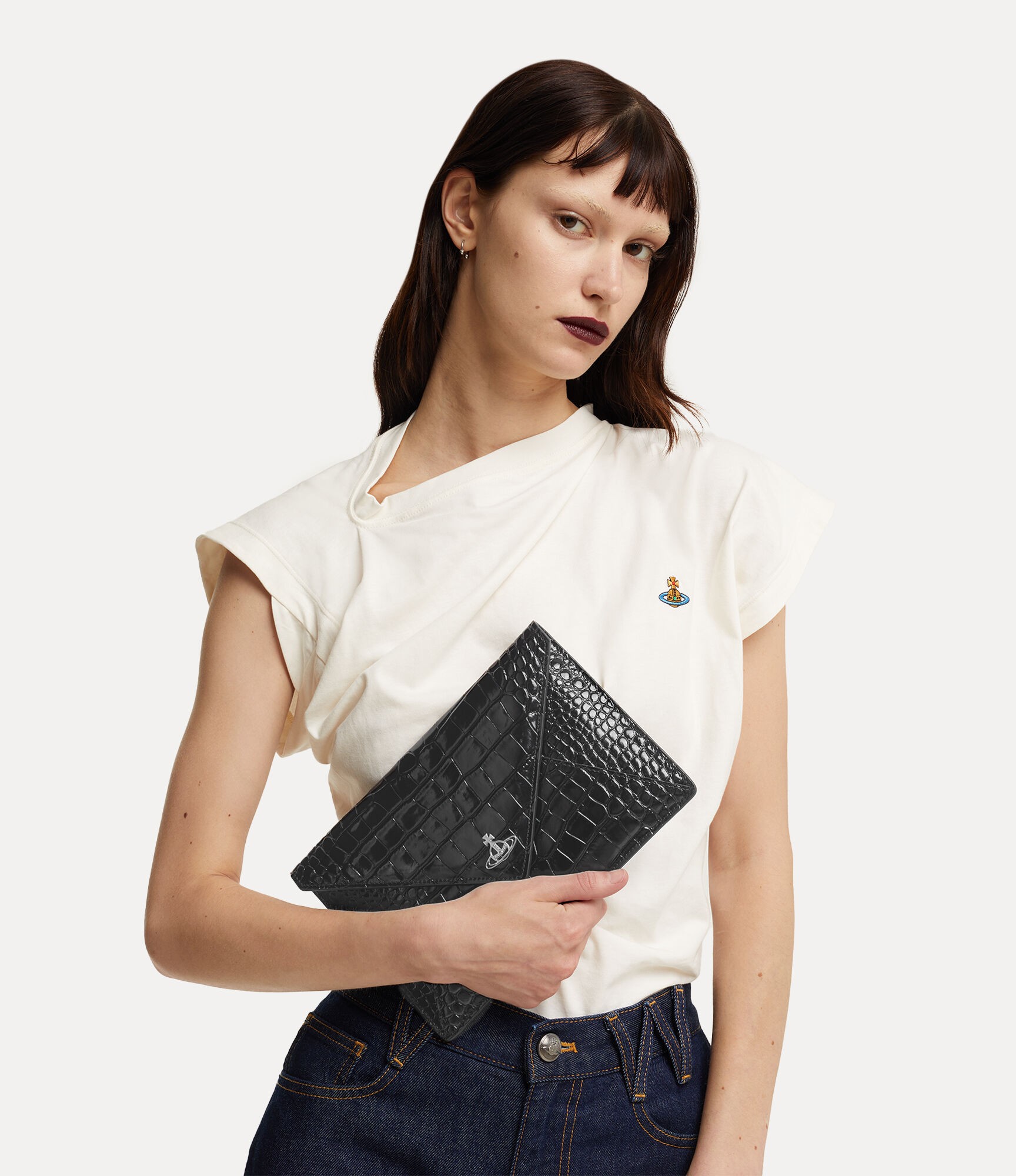 Crocodile Envelope Clutch Press-Stud Kapanma ve Orb Silueti Detaylı %100 Dana Deri Çanta