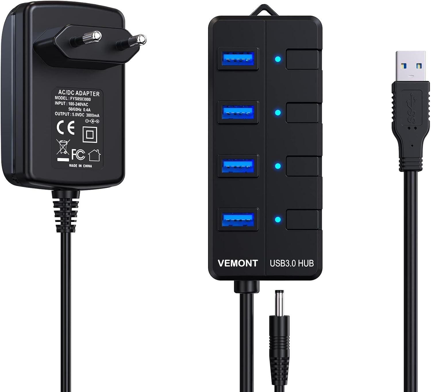 4 Portlu USB 3.0 Hub, 5V/3A Güç Kaynağı, 5 Gbps Aktarım Hızı, 1,2 m Kablo