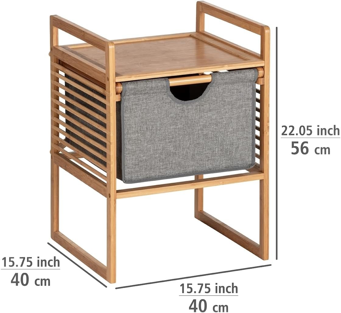 Bahari Ahşap Yan Sehpa Kumaş Çekmeceli, Bambu Ahşap, 40x56x40 cm, Kahve, Gri
