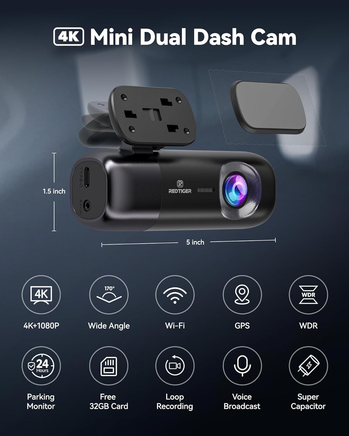 Dash Cam 4K Ön ve Arka 1080P, WiFi GPS, 32 GB Kart Dahil