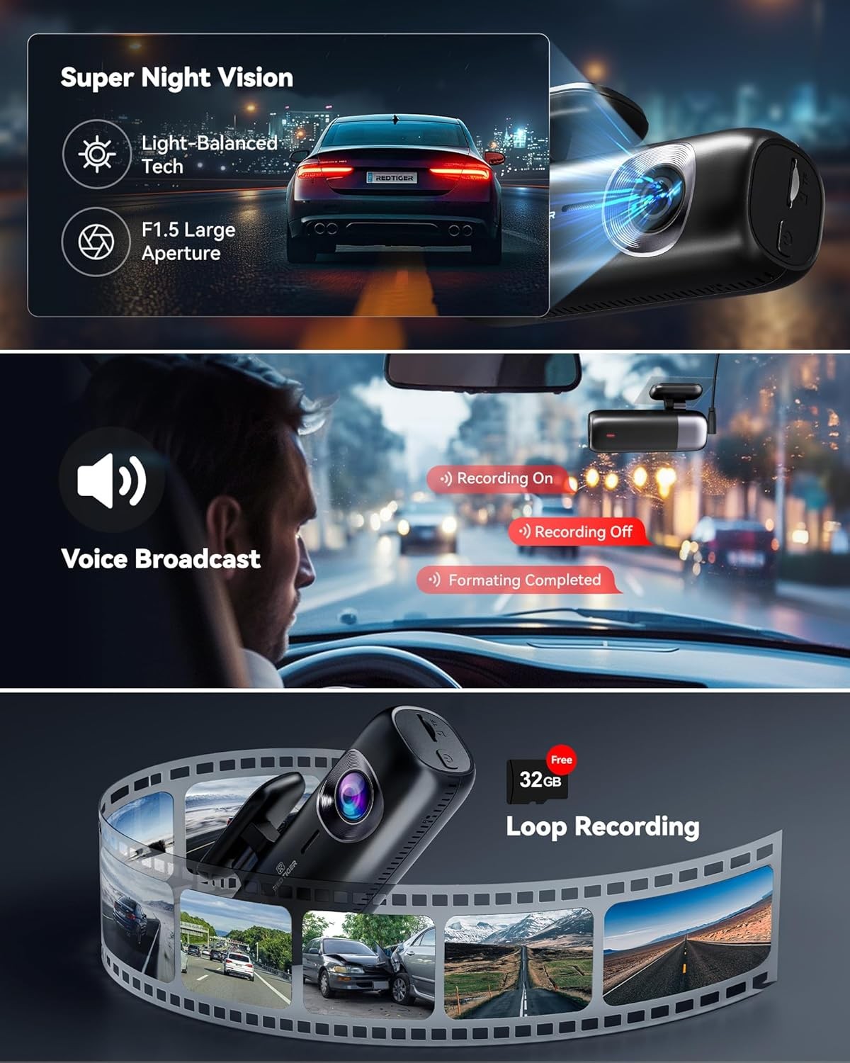 Dash Cam 4K Ön ve Arka 1080P, WiFi GPS, 32 GB Kart Dahil