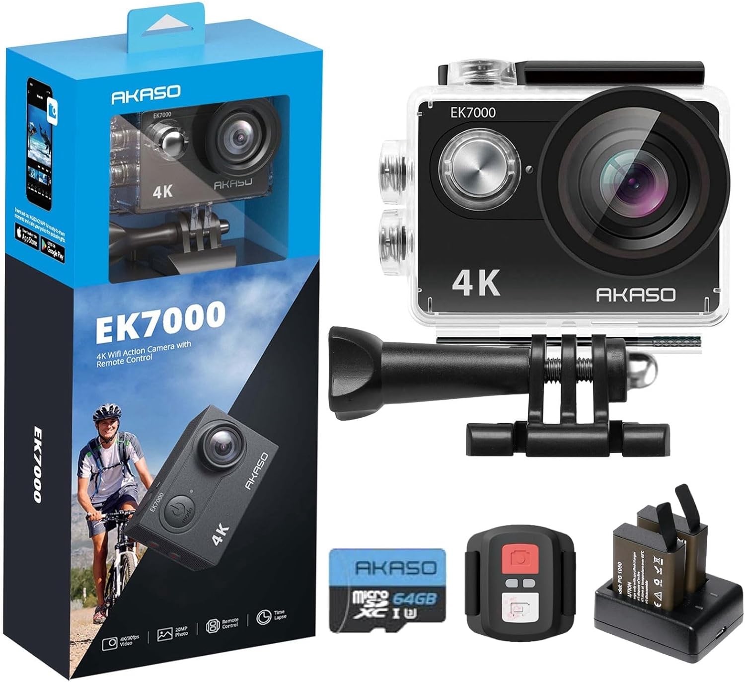 EK7000 4K30FPS 20MP Aksiyon Kamerası - 64GB microSDXC Hafıza Kartı ile