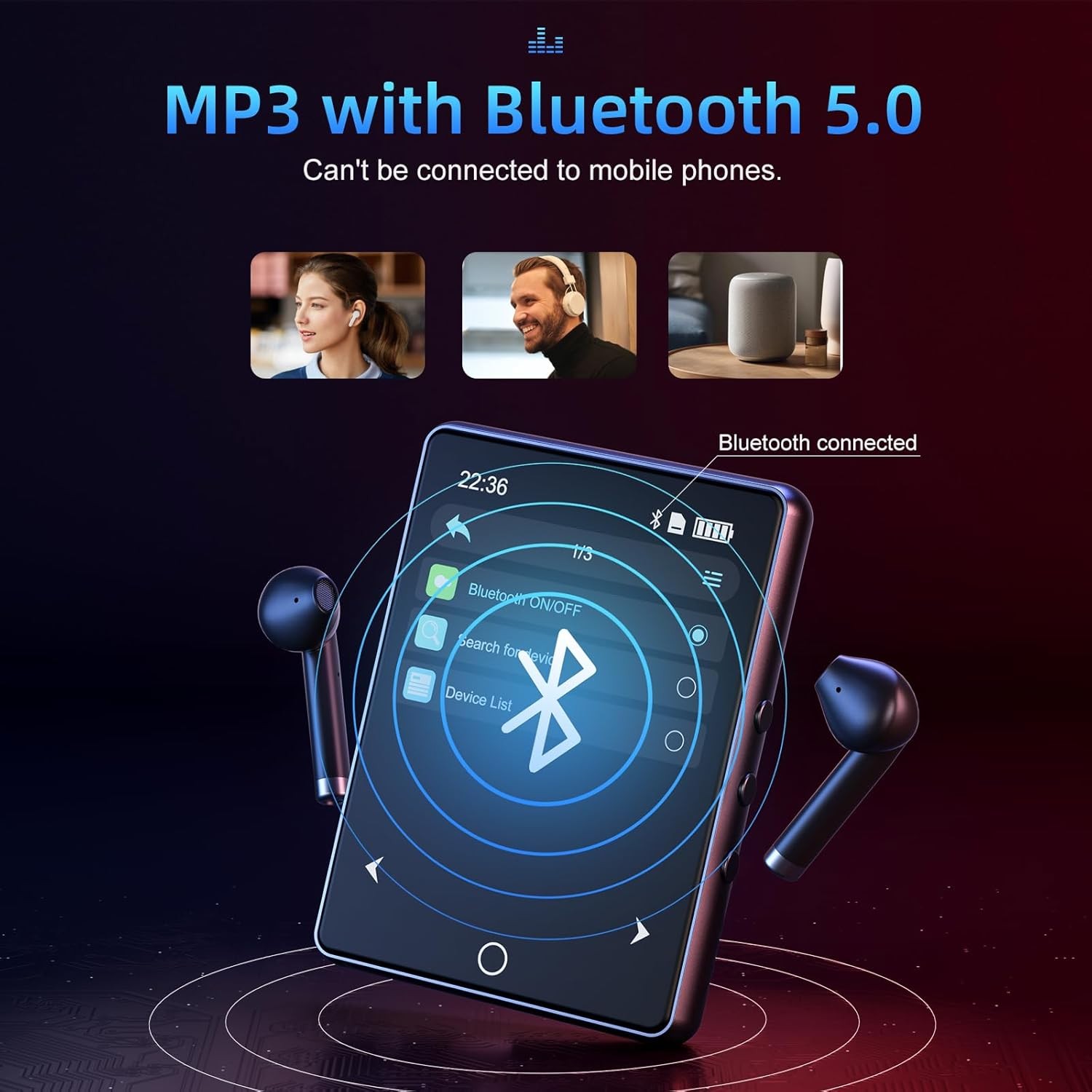  64GB Bluetooth MP3 Çalar, 2.8 inç Dokunmatik Ekran, Hi-Fi Ses, FM Radyo