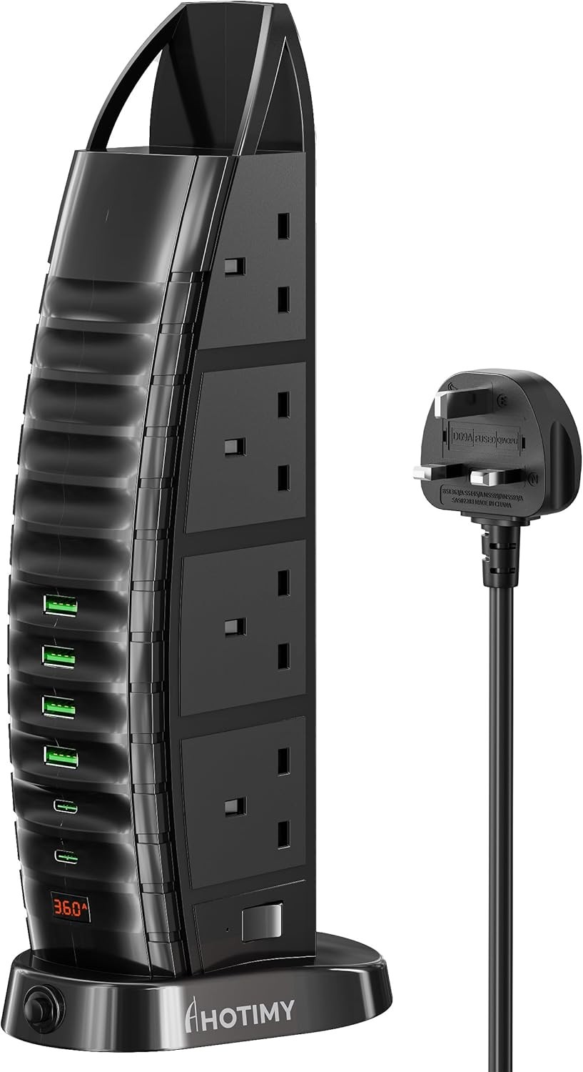 8 Çıkışlı Kule Uzatma Kablosu, 6 USB (2 Tip-C, 4 USB-A) Portlu, Aşırı Yük Korumalı