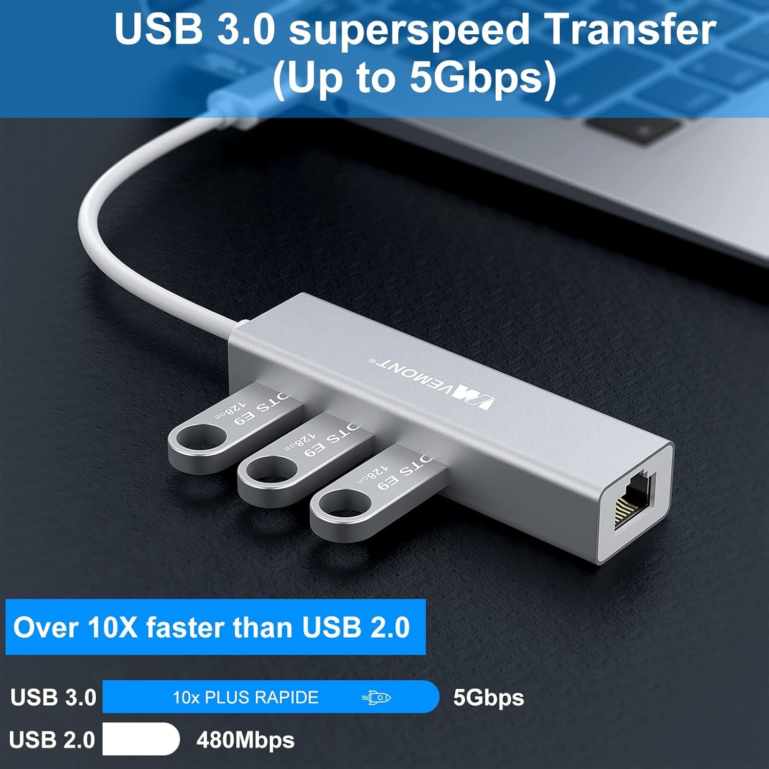 USB LAN Adaptörü, 3 USB 3.0 Portlu Hub ve RJ45 Gigabit Ethernet