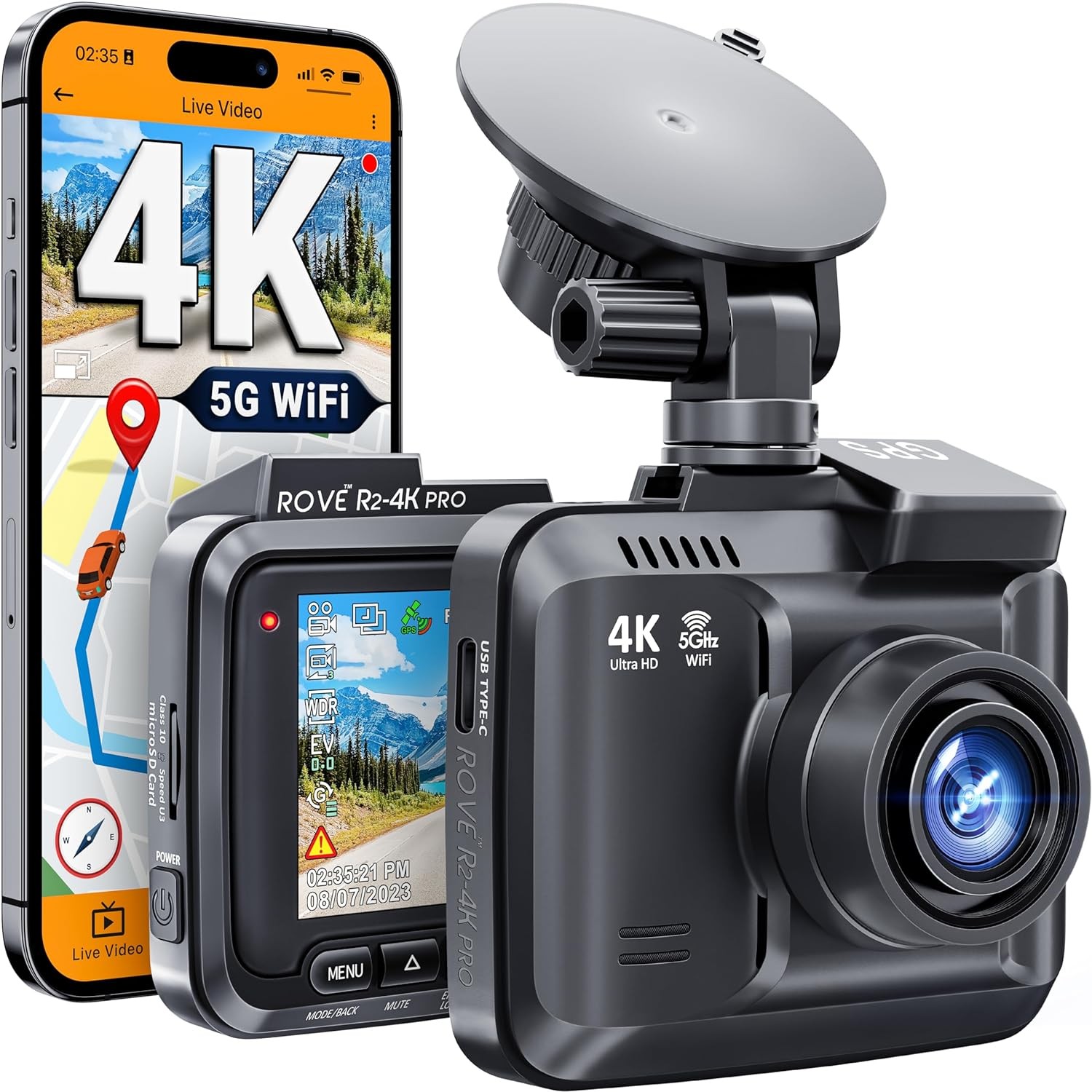 R2-4K PRO Dash Cam, Dahili GPS, Arabalar için 5G WiFi Dash Kamera