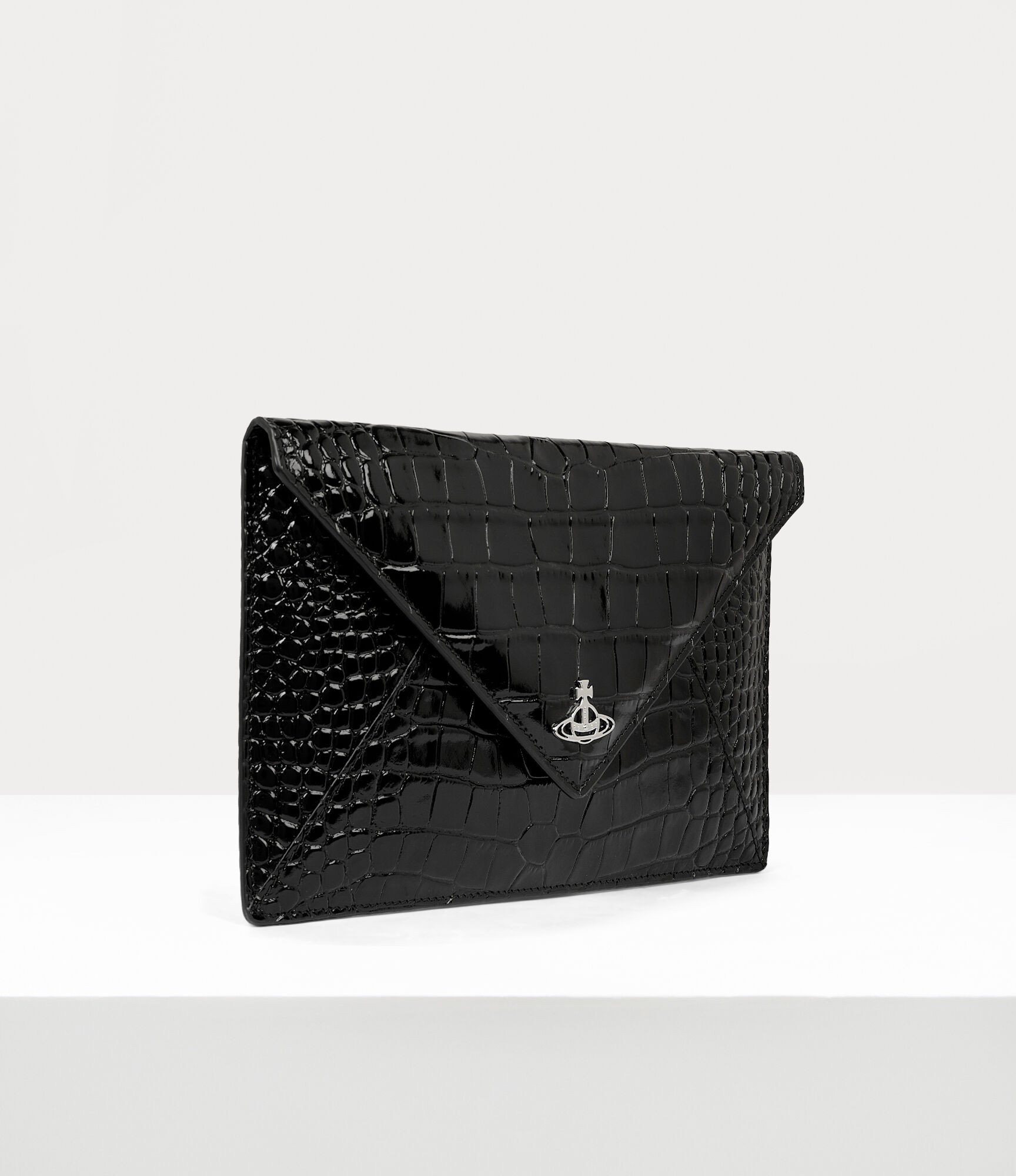 Crocodile Envelope Clutch Press-Stud Kapanma ve Orb Silueti Detaylı %100 Dana Deri Çanta