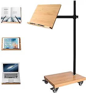 Ayarlanabilir Tekerlekli Okuma Kitap Standı - Bambu ve Metal Yapı, 180 Derece Sallanma, Ergonomik Tasarım