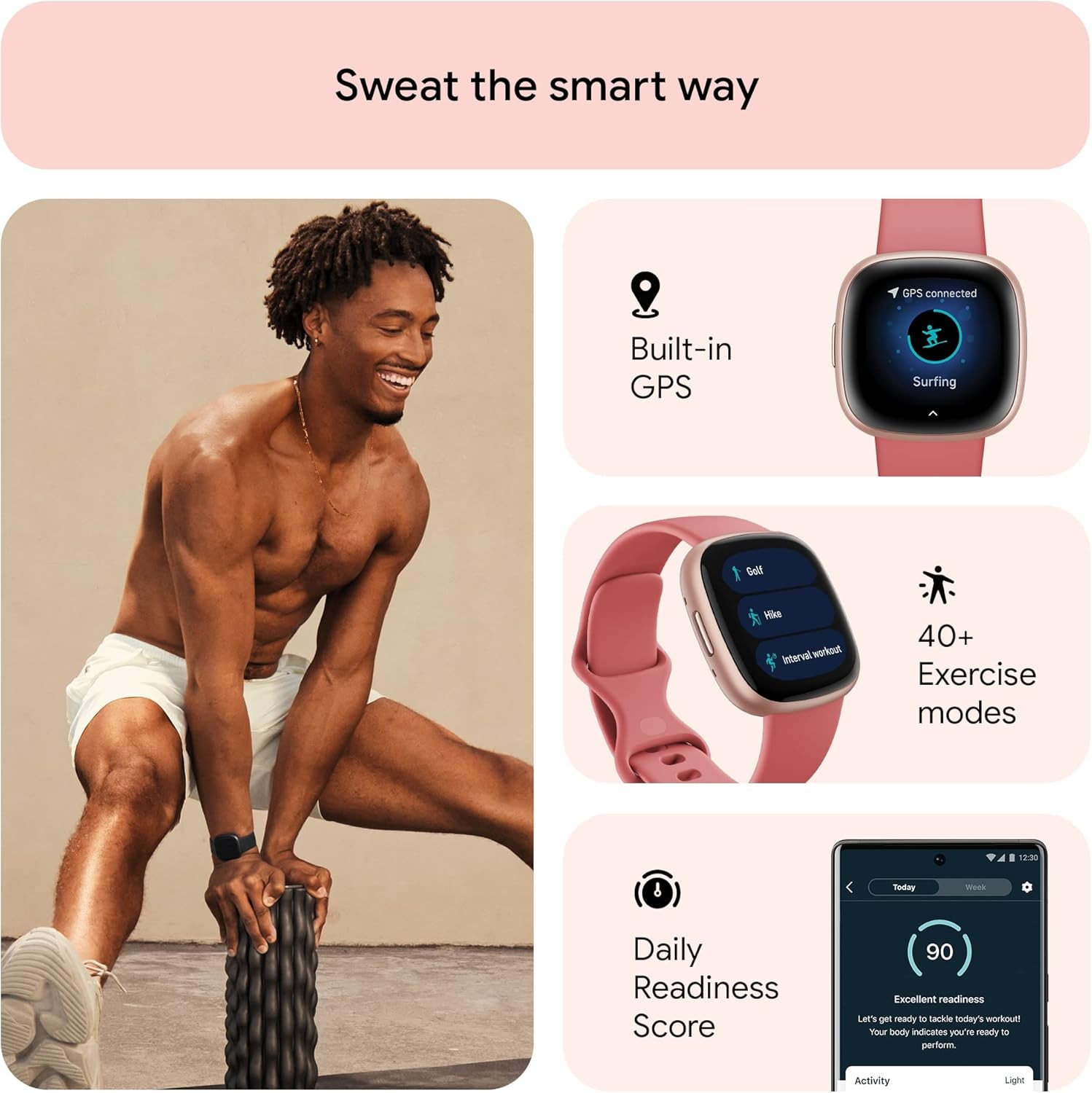 Fitbit Versa 4 Akıllı Saat – Pembe Kum / Bakır Gül, Yerleşik GPS ve Uzun Pil Ömrü