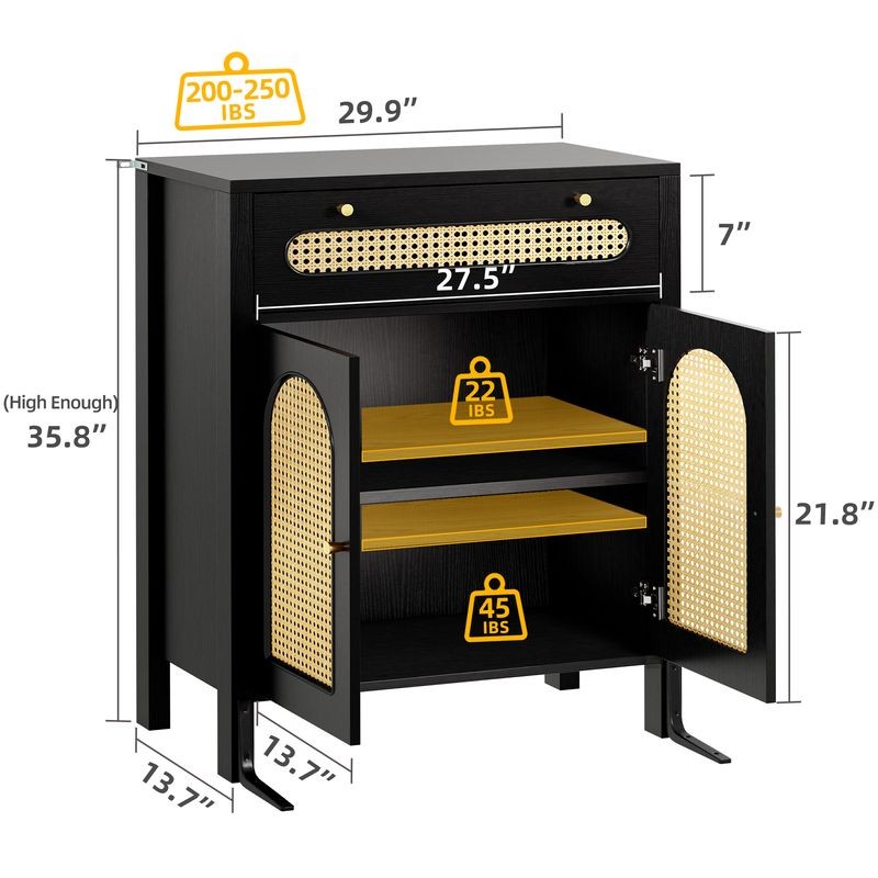 Çekmeceli ve Çift Kemerli Kapılı Rattan Depolama Dolabı