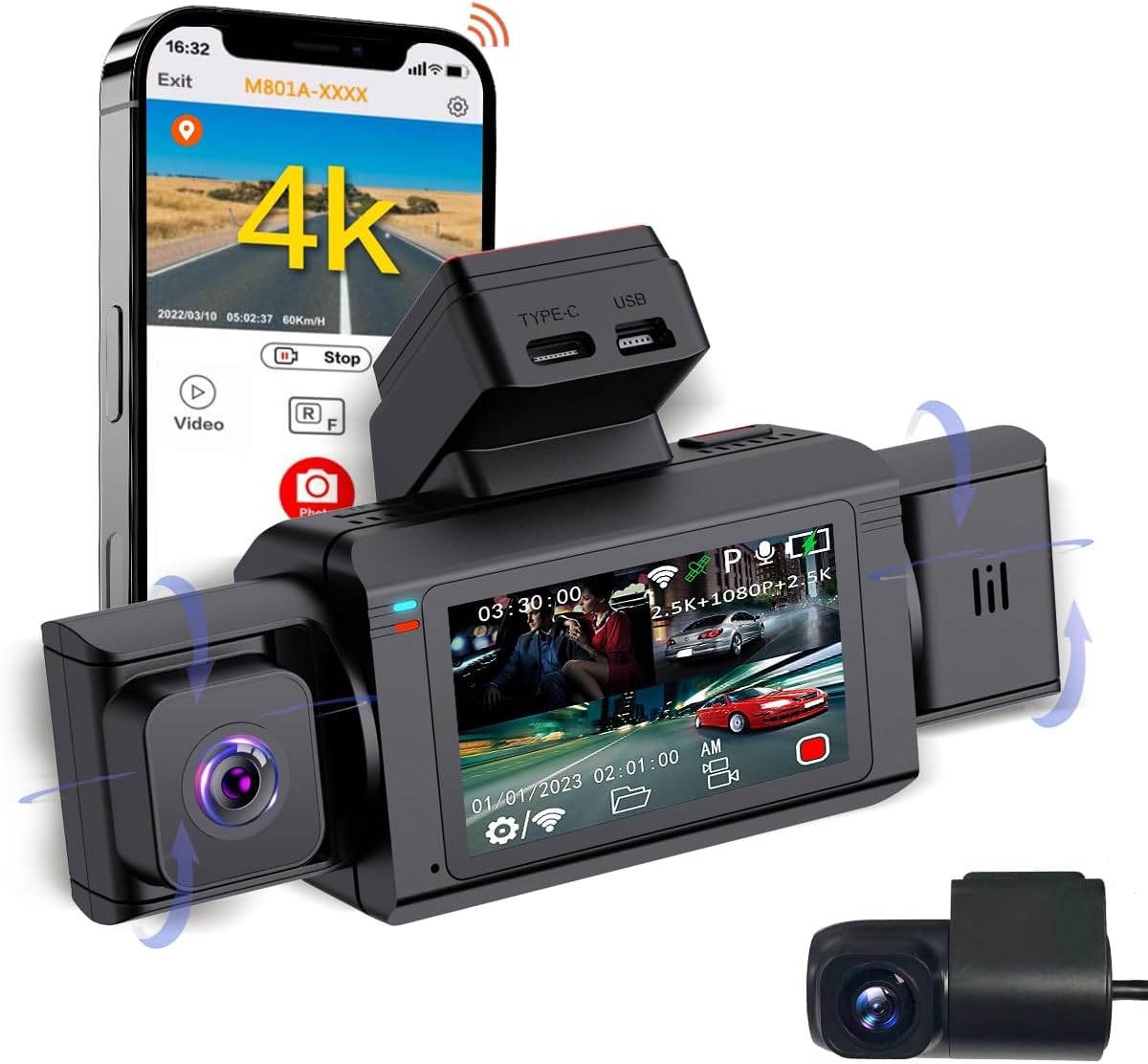 3 Kanal Dash Cam, 4K+2K+1080P Ön, İç ve Arka Kamera, 140° Geniş Açı, 2" IPS Ekran