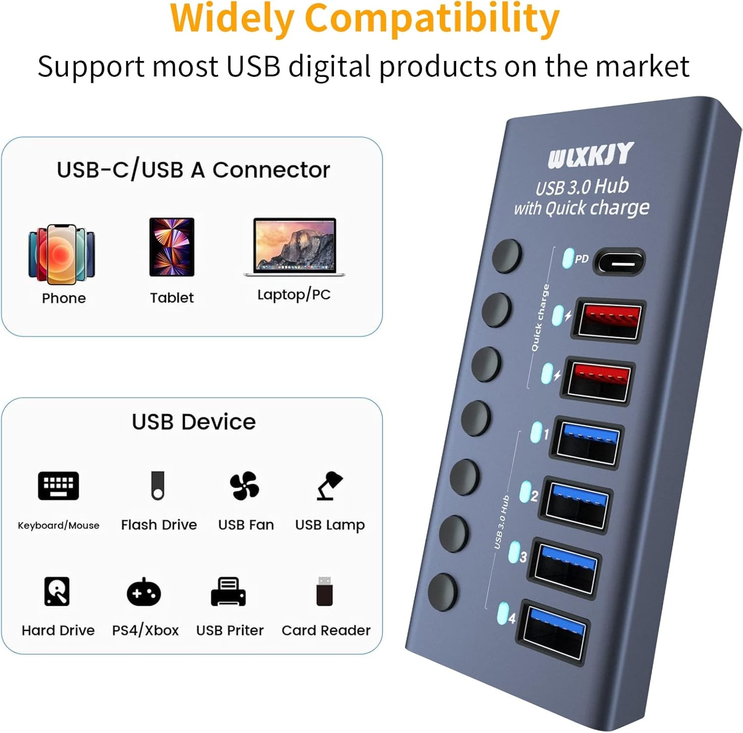 7'si 1 Arada Premium USB Hub, 36W Güç Kaynağı, 4 USB 3.0 ve PD Hızlı Şarj