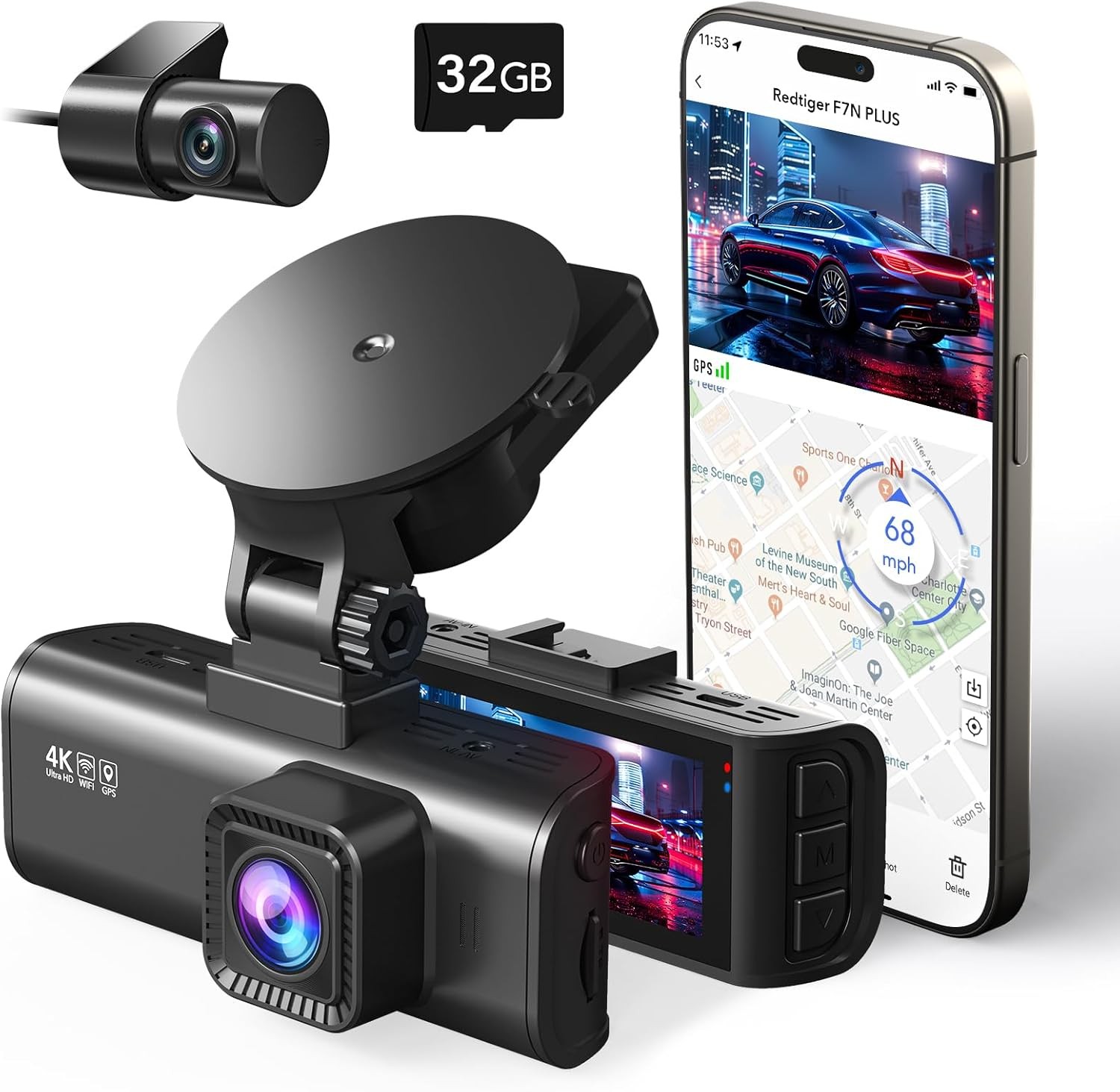 Dash Cam 4K Çift Kamera, Gece Görüşlü, Dahili GPS, 32 GB Kart, 170° Geniş Görüş