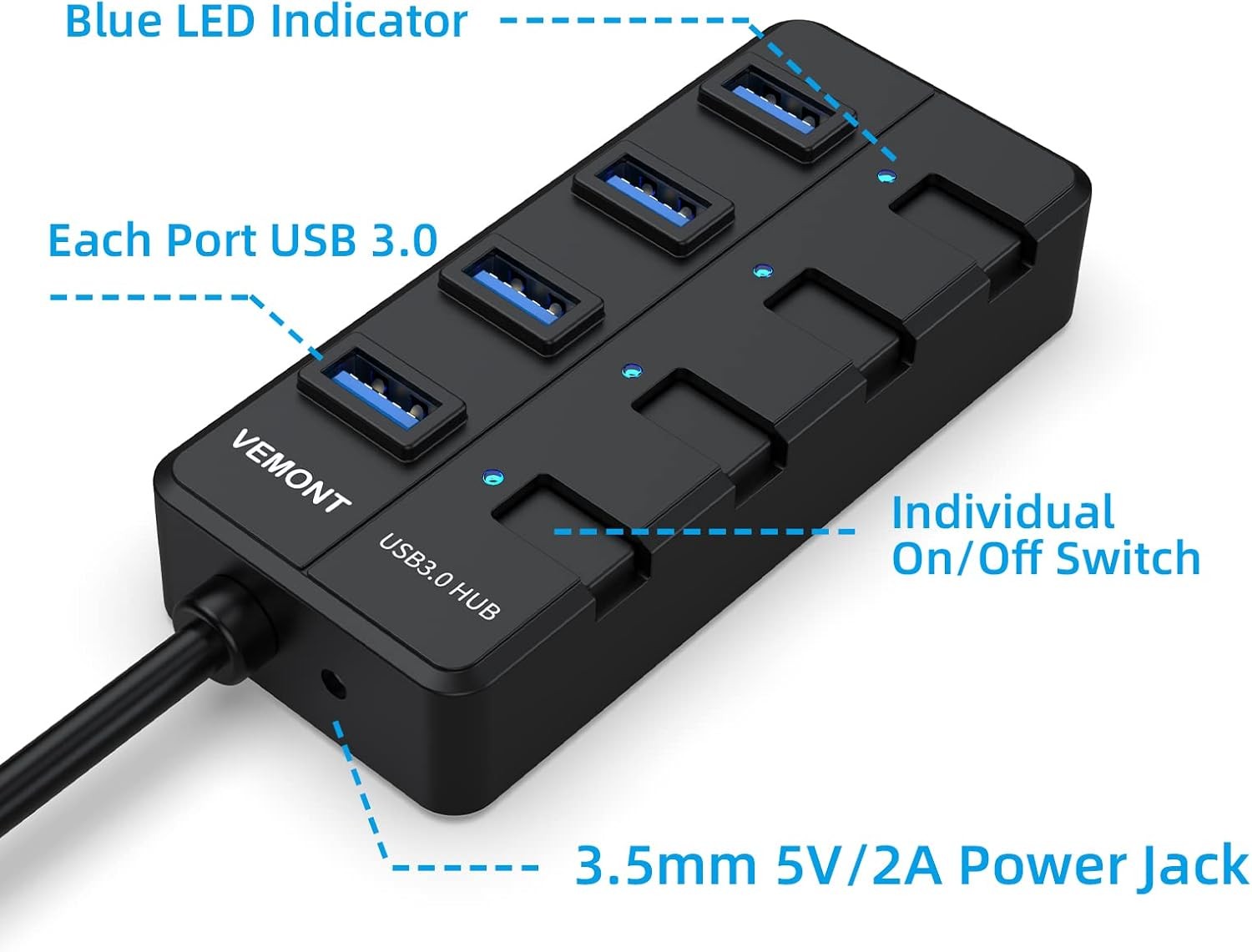 4 Portlu USB 3.0 Hub, 5V/3A Güç Kaynağı, 5 Gbps Aktarım Hızı, 1,2 m Kablo