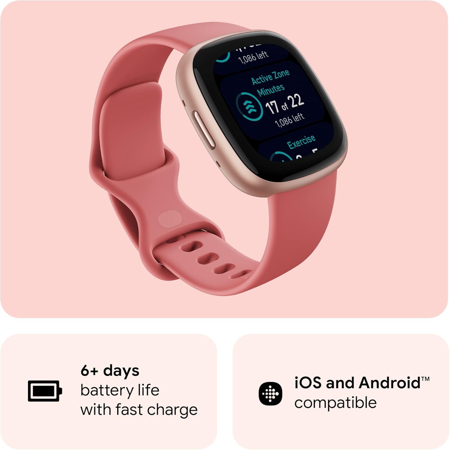 Fitbit Versa 4 Akıllı Saat – Pembe Kum / Bakır Gül, Yerleşik GPS ve Uzun Pil Ömrü