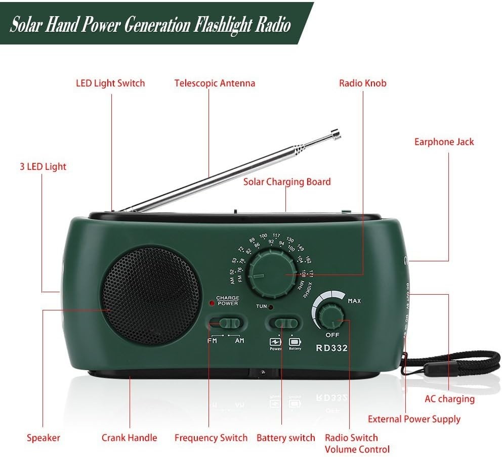 Acil Durum Hava Radyo, Güneş Enerjili, El Kolu Çarklı, Sos Alarmlı, AM/FM 