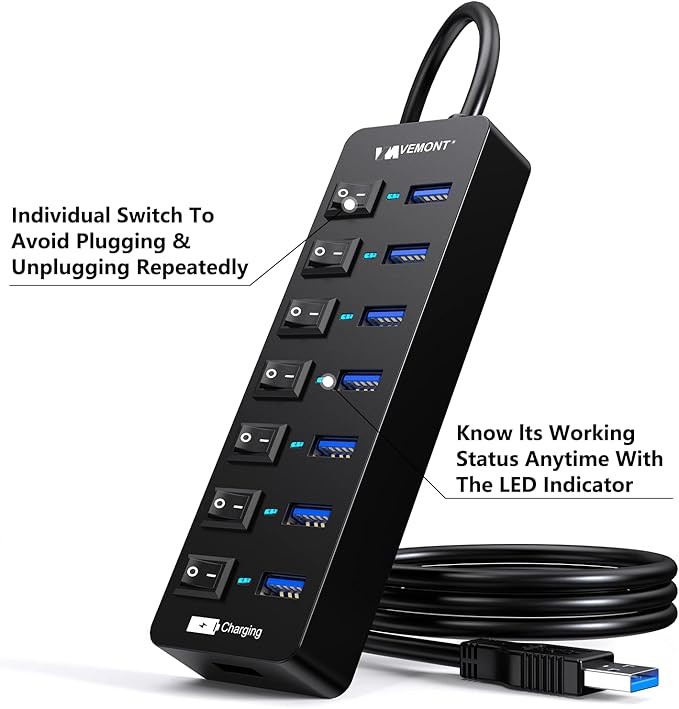  USB Hub Aktif 3.0 Güç Kaynağı, 7 Bağlantı Noktası + 1 Akıllı Şarj Portu - 5V/3A