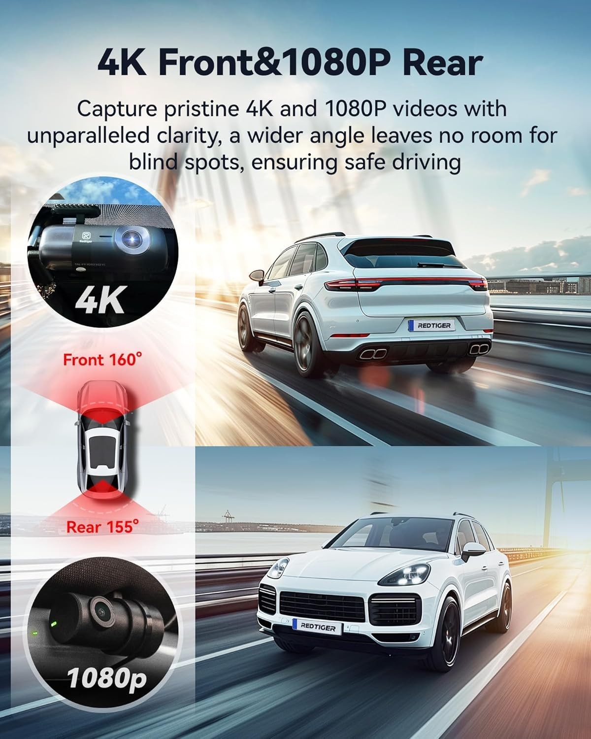 F9 4K Dash Cam, Ön ve Arka 1080P FHD, Wi-Fi, GPS, Gece Görüşlü