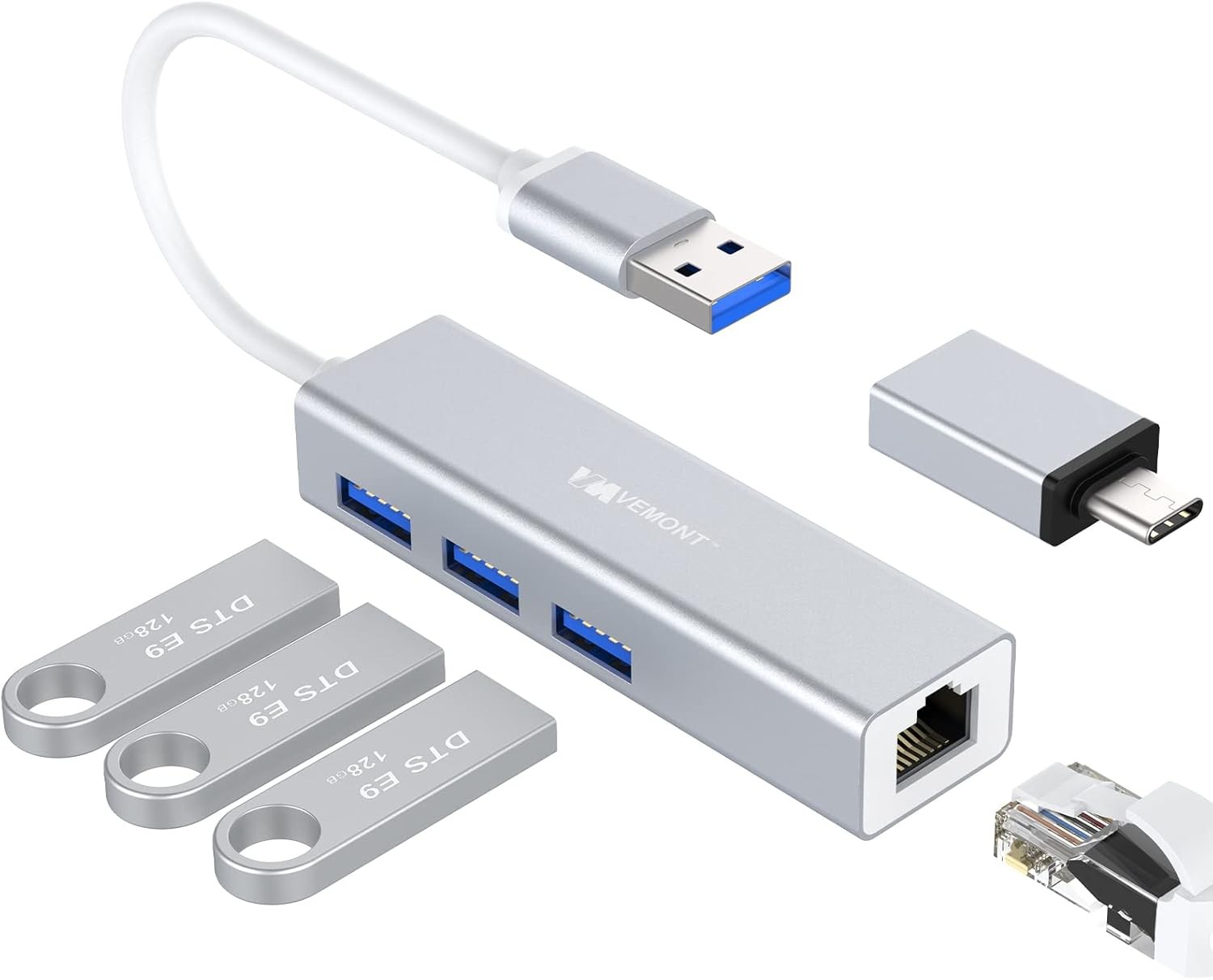 USB LAN Adaptörü, 3 USB 3.0 Portlu Hub ve RJ45 Gigabit Ethernet