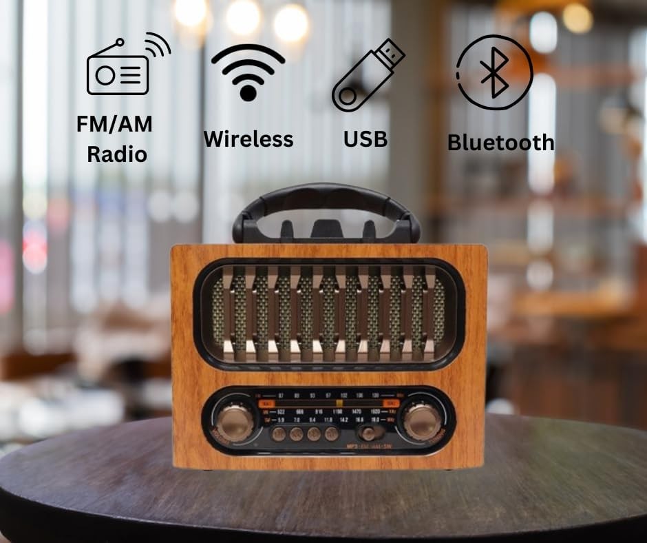 Taşınabilir Vintage Retro Radyo Bluetooth Hoparlör, FM/AM/SW, Şarj Edilebilir Pil